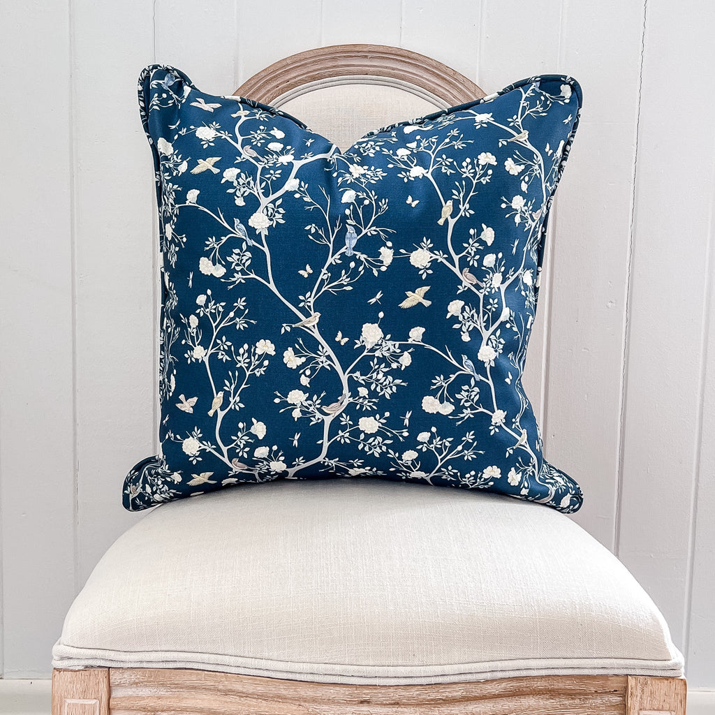 Camellia Garden White Cushion - Navy - Hydrangea Lane Home