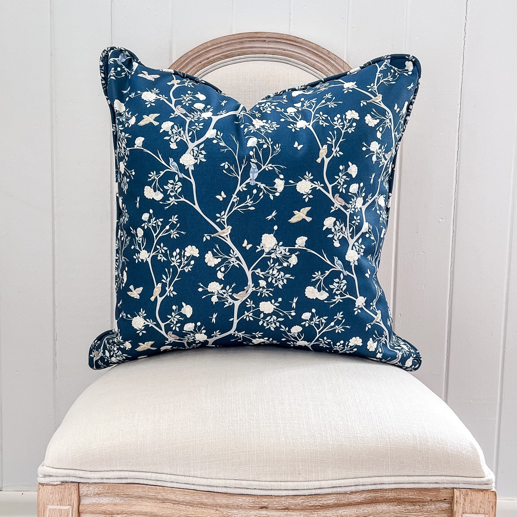 Camellia Garden White Cushion - Navy - Hydrangea Lane Home