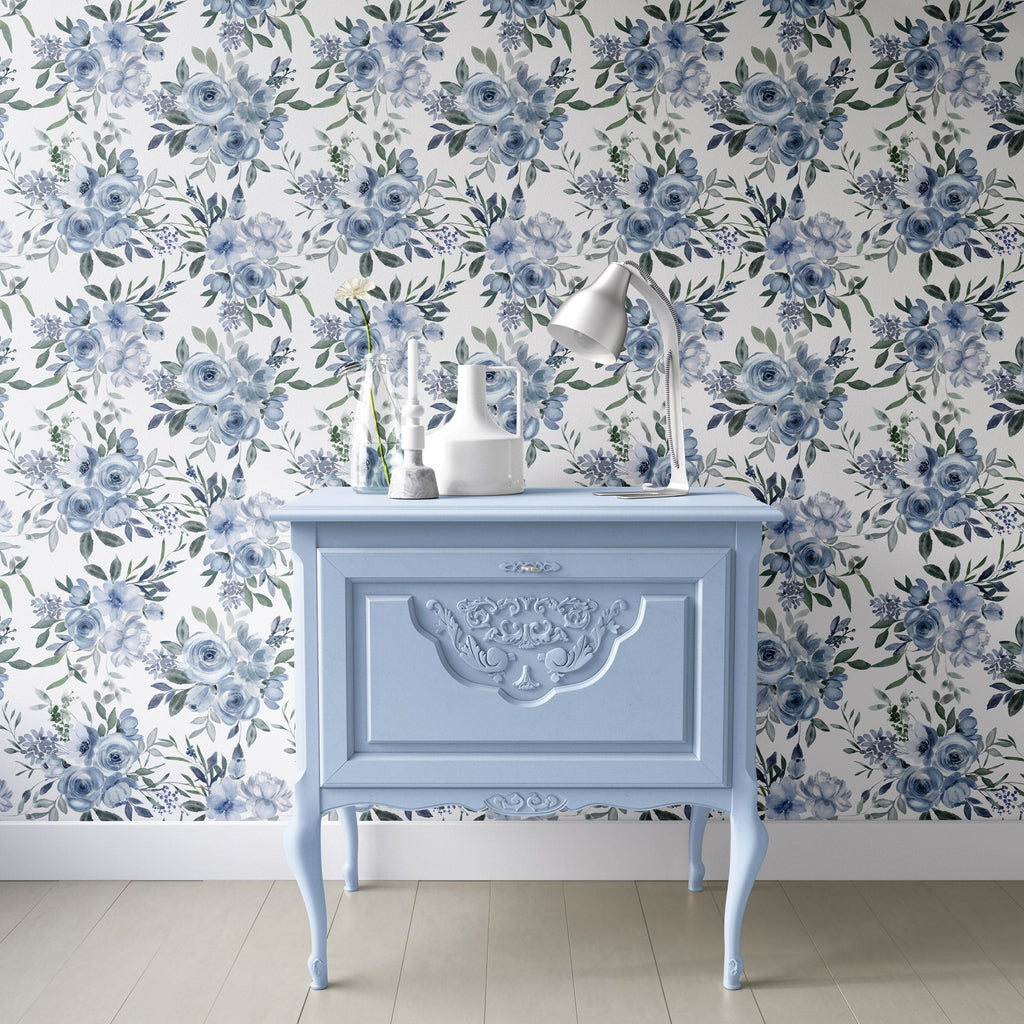 Charlotte Blue Roses Wallpaper - Hydrangea Lane Home