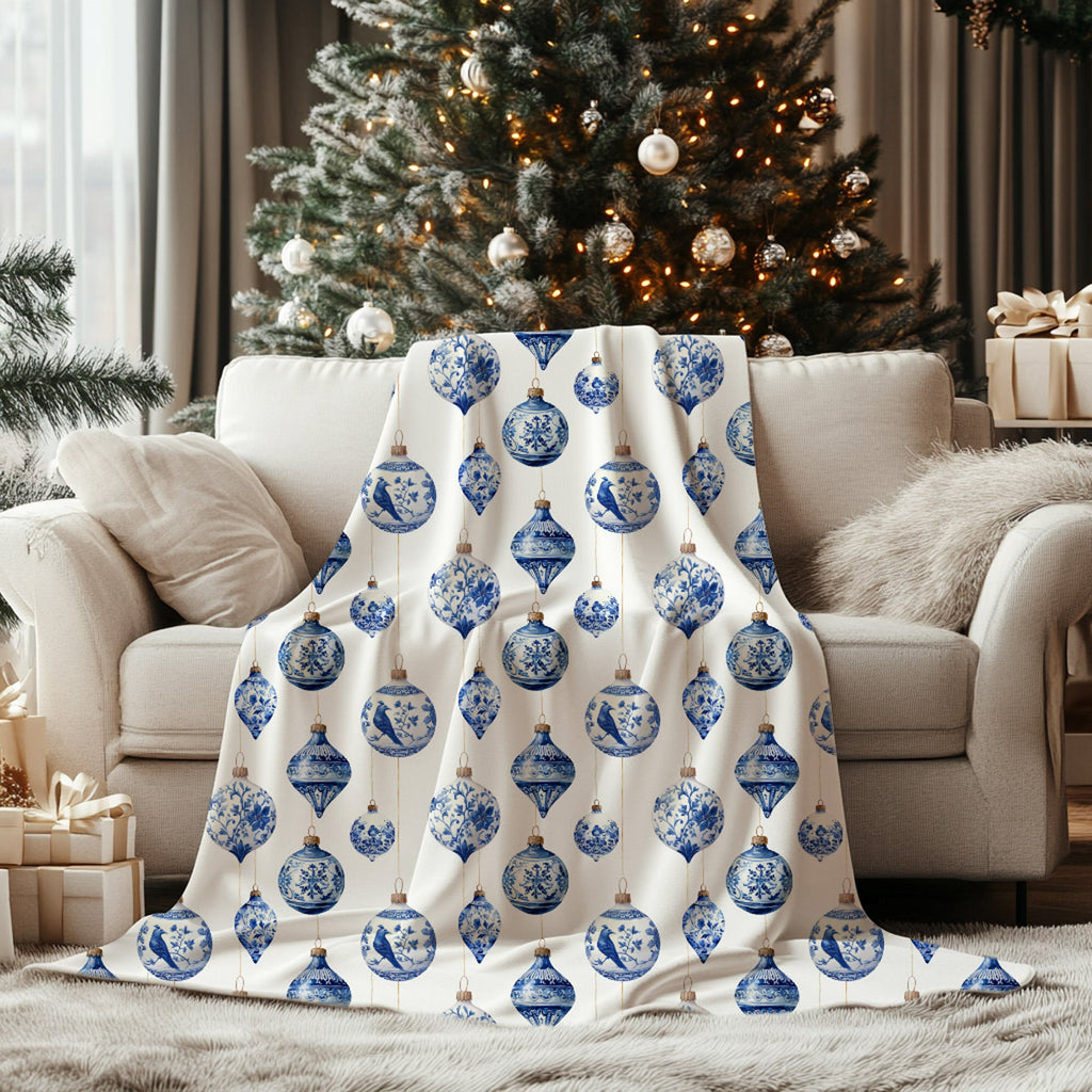 Chinoiserie Christmas Ornament Monogrammed Blanket - Hydrangea Lane Home