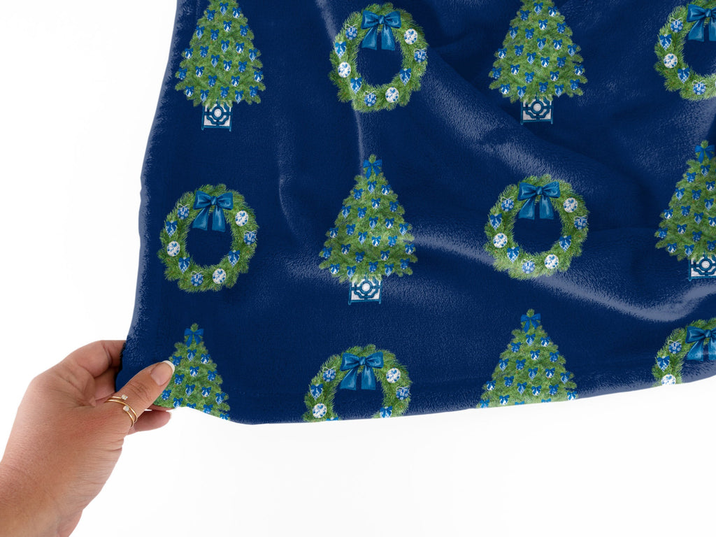 Chinoiserie Christmas Tree and Wreath Blanket - Navy Blue - Hydrangea Lane Home