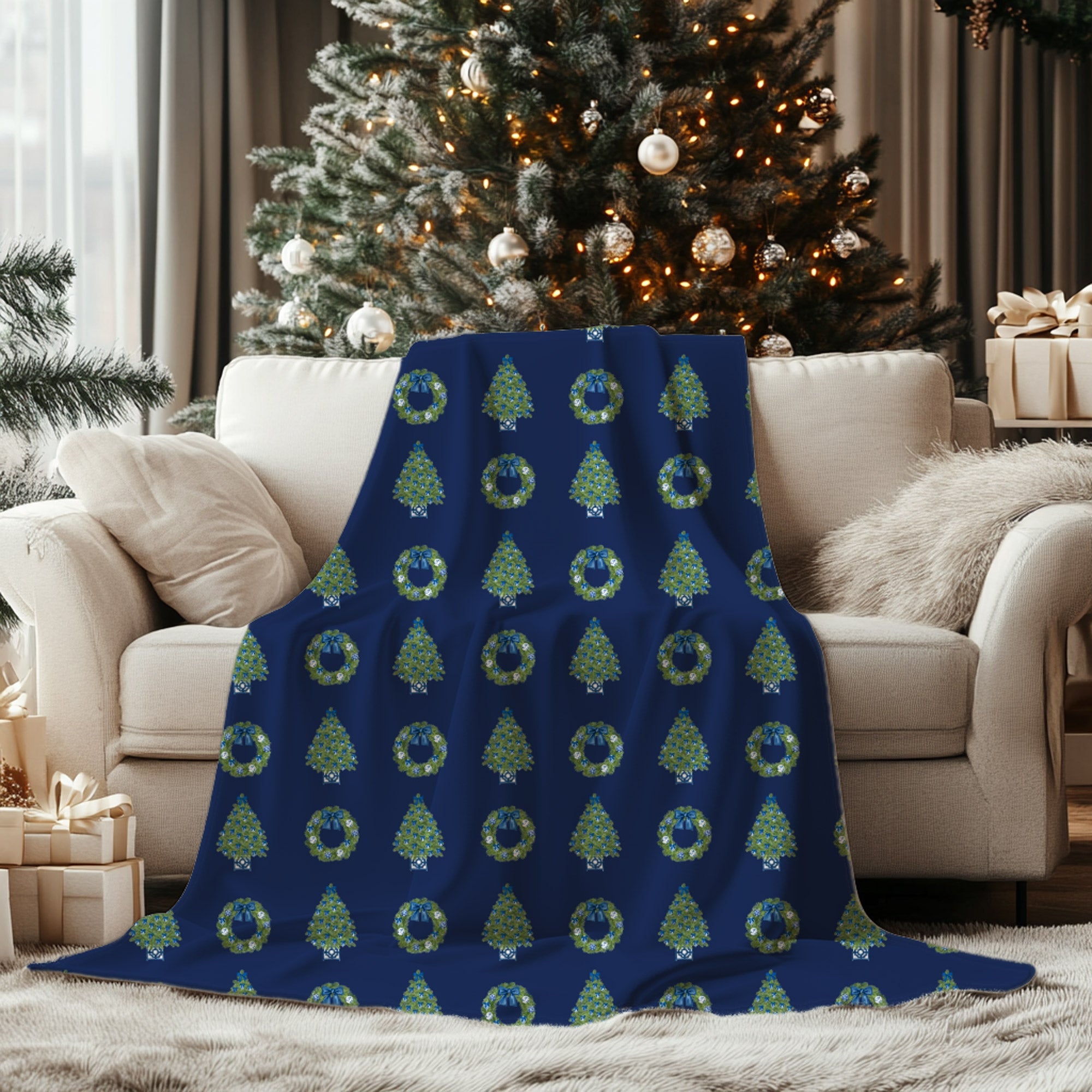 Chinoiserie Christmas Tree and Wreath Blanket - Navy Blue - Hydrangea Lane Home