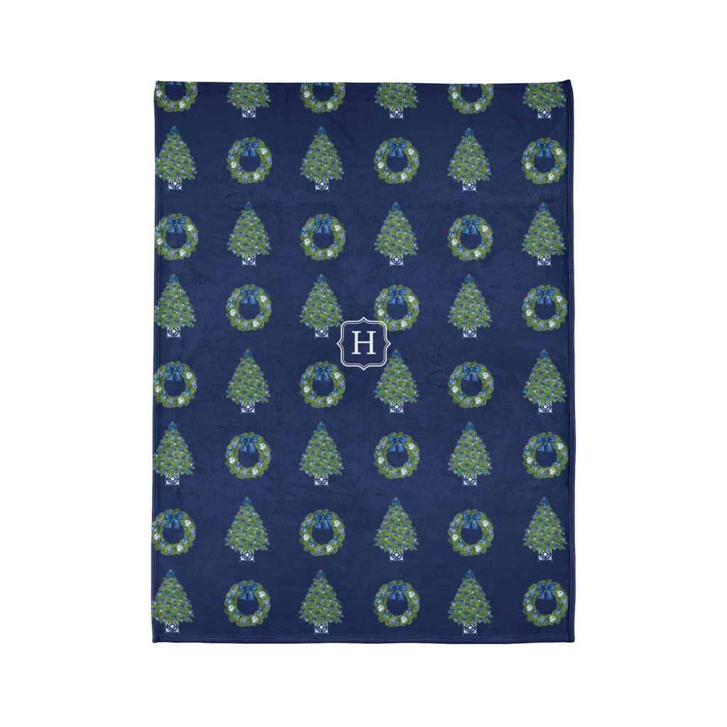 Chinoiserie Christmas Tree and Wreath Blanket - Navy Blue - Hydrangea Lane Home