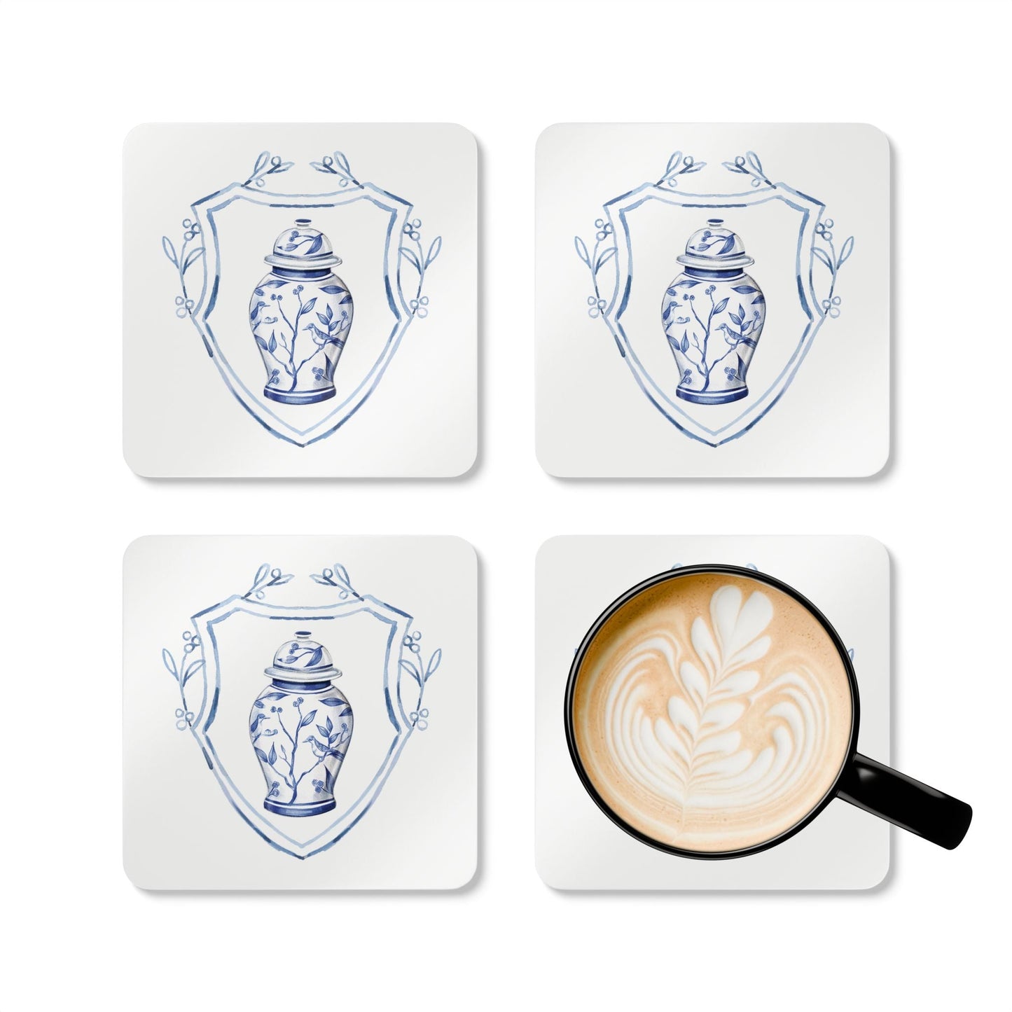 Ginger Jar White Crest Set of 4 Drink Coasters - Hydrangea Lane Home