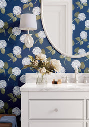 Hydrangea Bloom Wallpaper - Blue on Navy - Hydrangea Lane Home