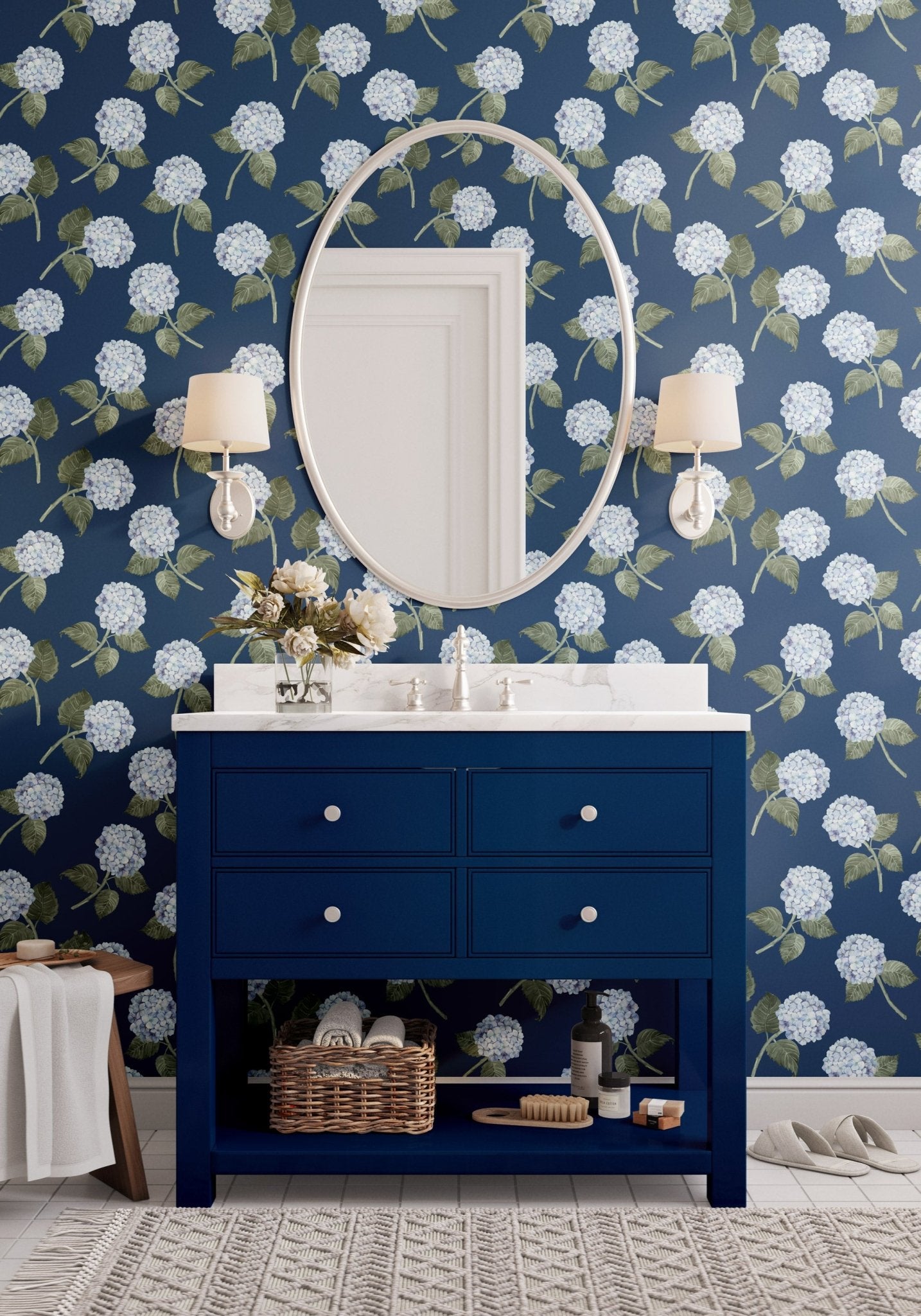 Hydrangea Bloom Wallpaper - Blue on Navy - Hydrangea Lane Home