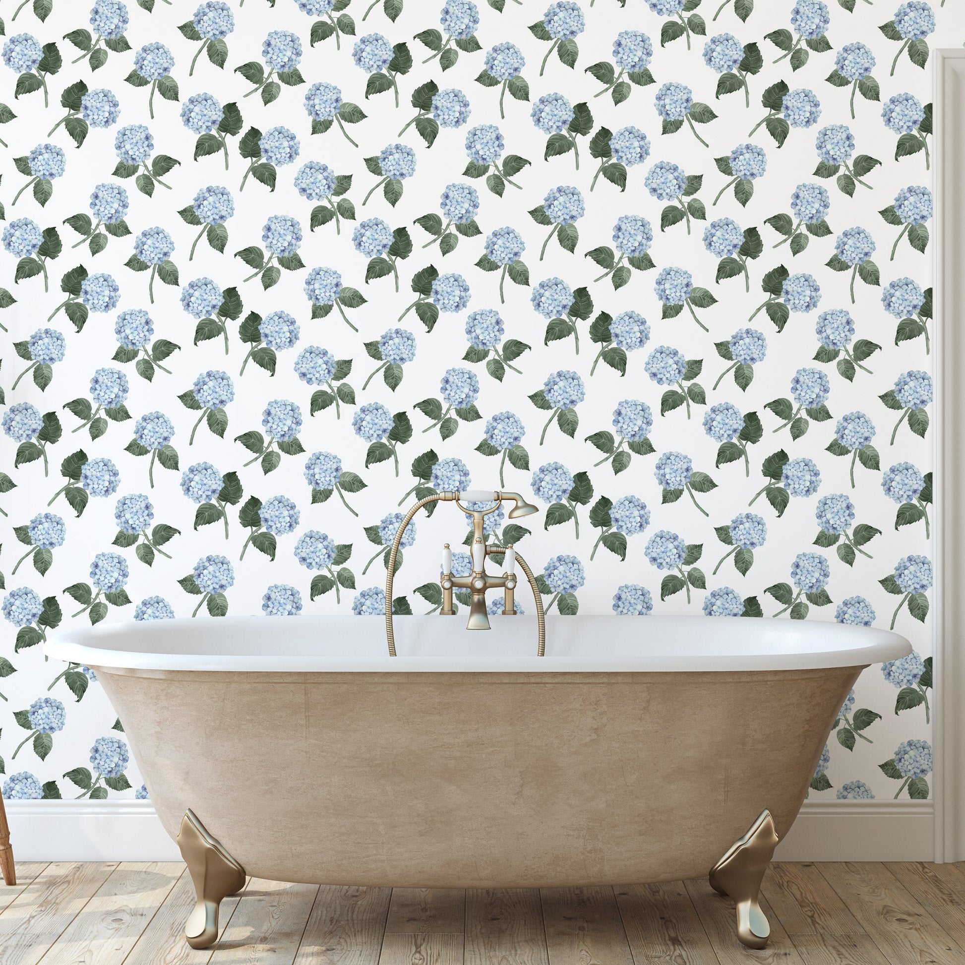 Hydrangea Bloom Wallpaper - Blue on White - Hydrangea Lane Home