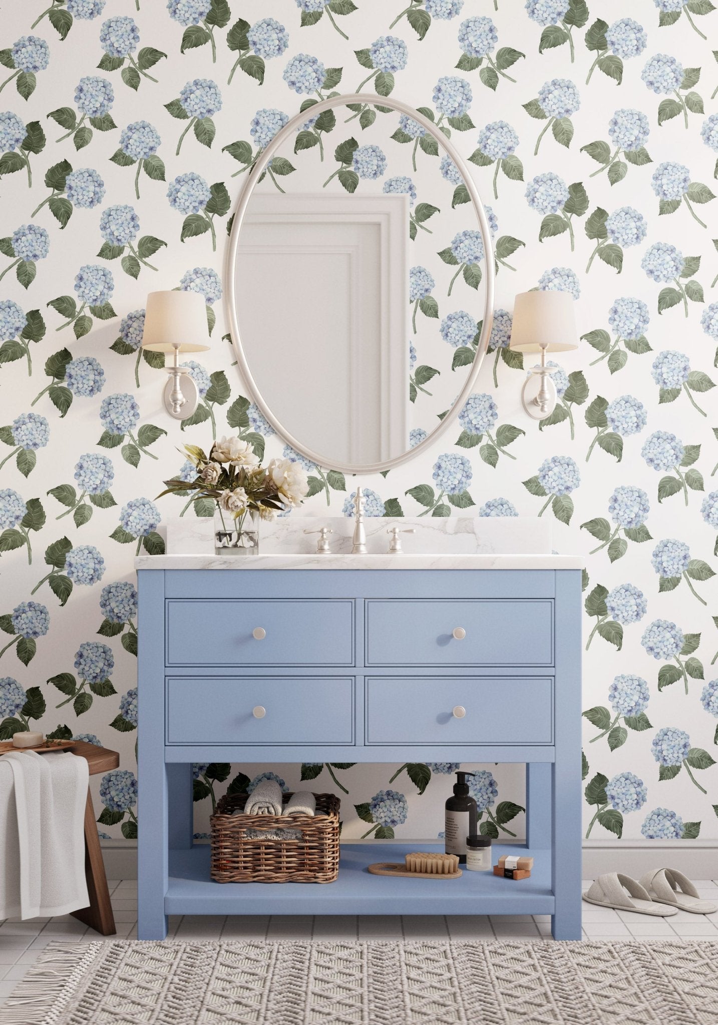 Hydrangea Bloom Wallpaper - Blue on White - Hydrangea Lane Home