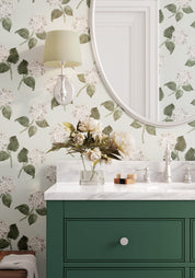 Hydrangea Bloom Wallpaper - White on Eau de Nil - Hydrangea Lane Home