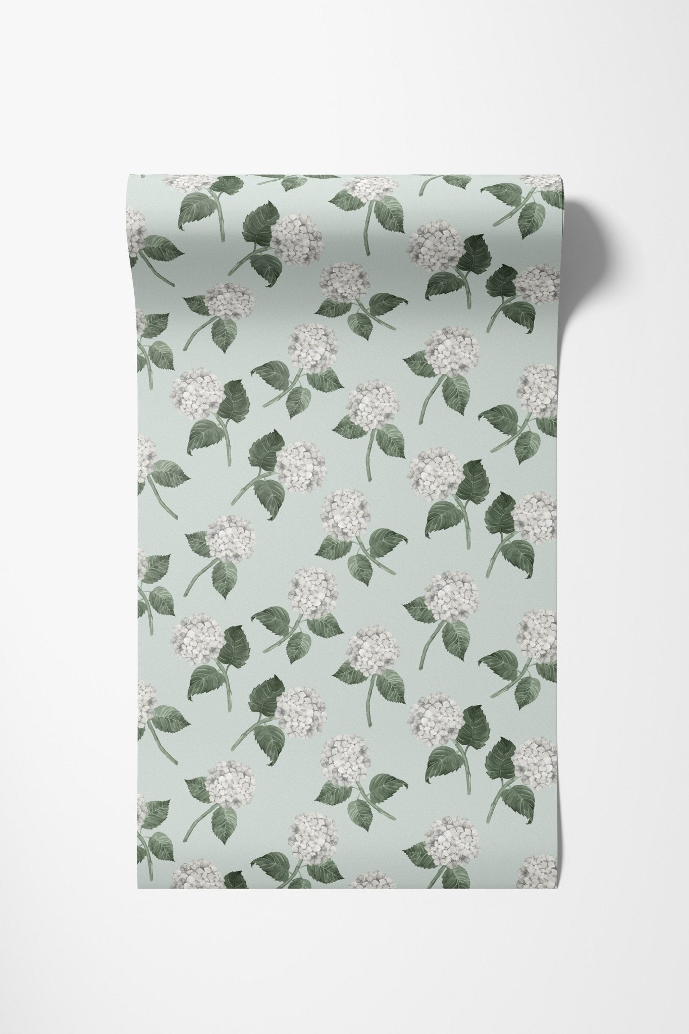 Hydrangea Bloom Wallpaper - White on Eau de Nil - Hydrangea Lane Home