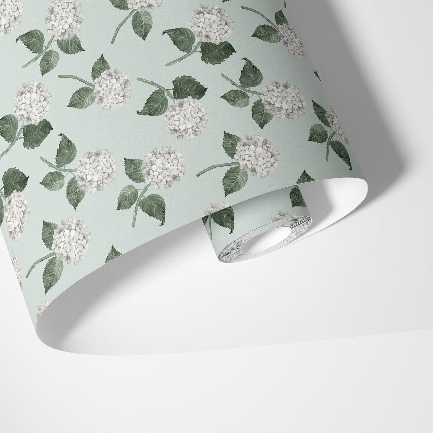 Hydrangea Bloom Wallpaper - White on Eau de Nil - Hydrangea Lane Home