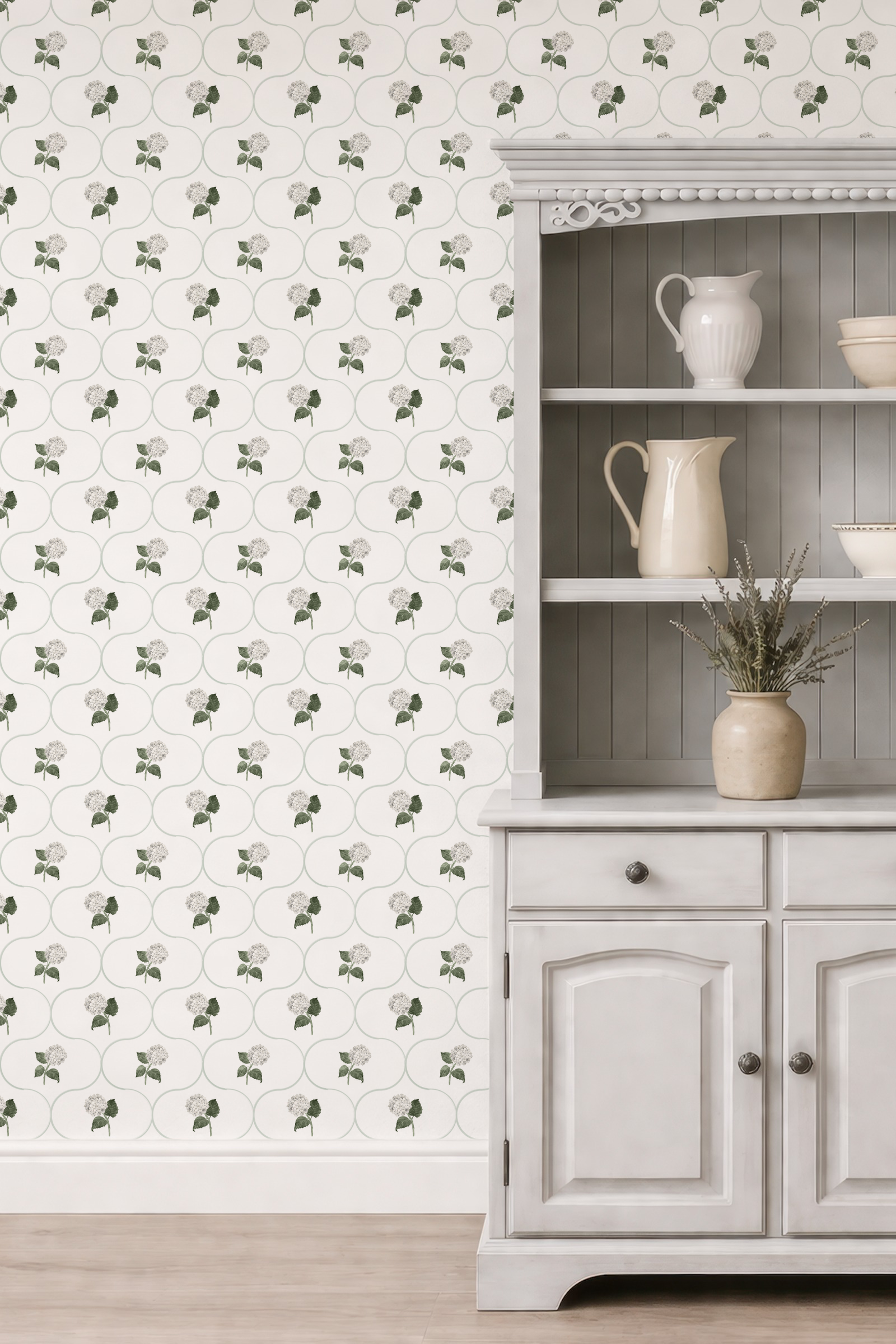 Hydrangea Trellis White  Wallpaper