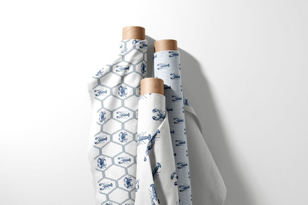 New England Blue Lobster and Crab Trellis Fabric - Hydrangea Lane Home