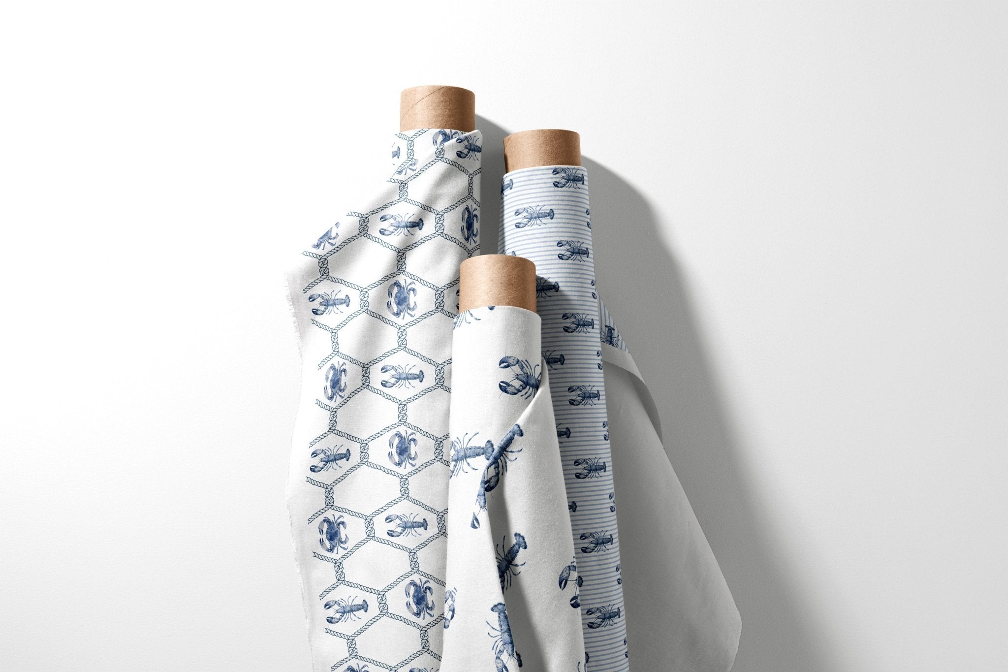 New England Blue Lobster and Crab Trellis Fabric - Hydrangea Lane Home