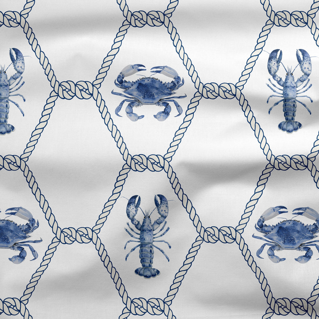 New England Blue Lobster and Crab Trellis Fabric - Hydrangea Lane Home