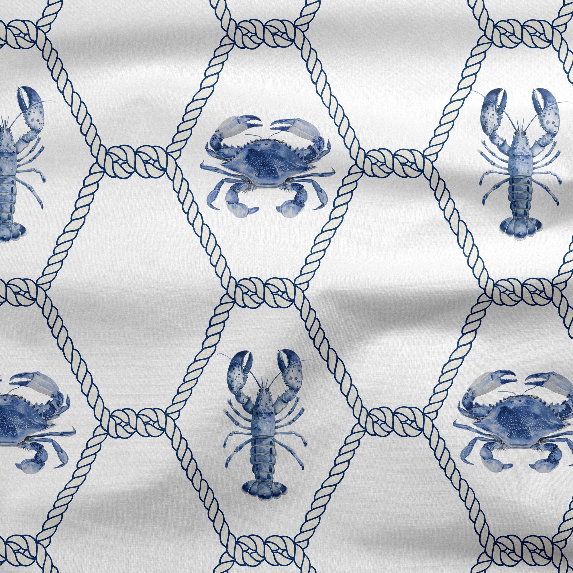 New England Blue Lobster and Crab Trellis Fabric - Hydrangea Lane Home