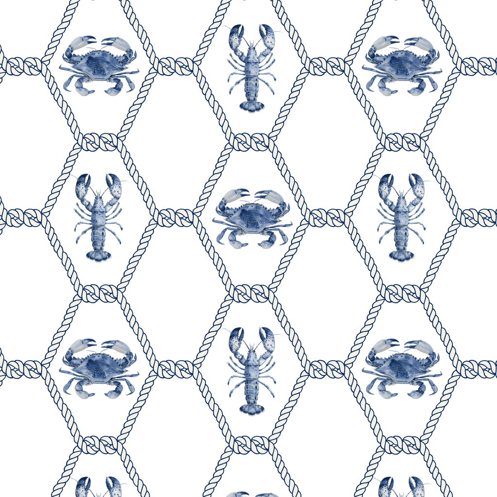 New England Blue Lobster and Crab Trellis Fabric - Hydrangea Lane Home
