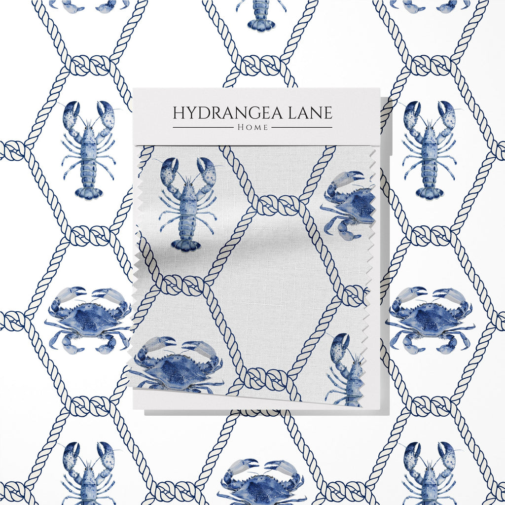New England Blue Lobster and Crab Trellis Fabric - Hydrangea Lane Home