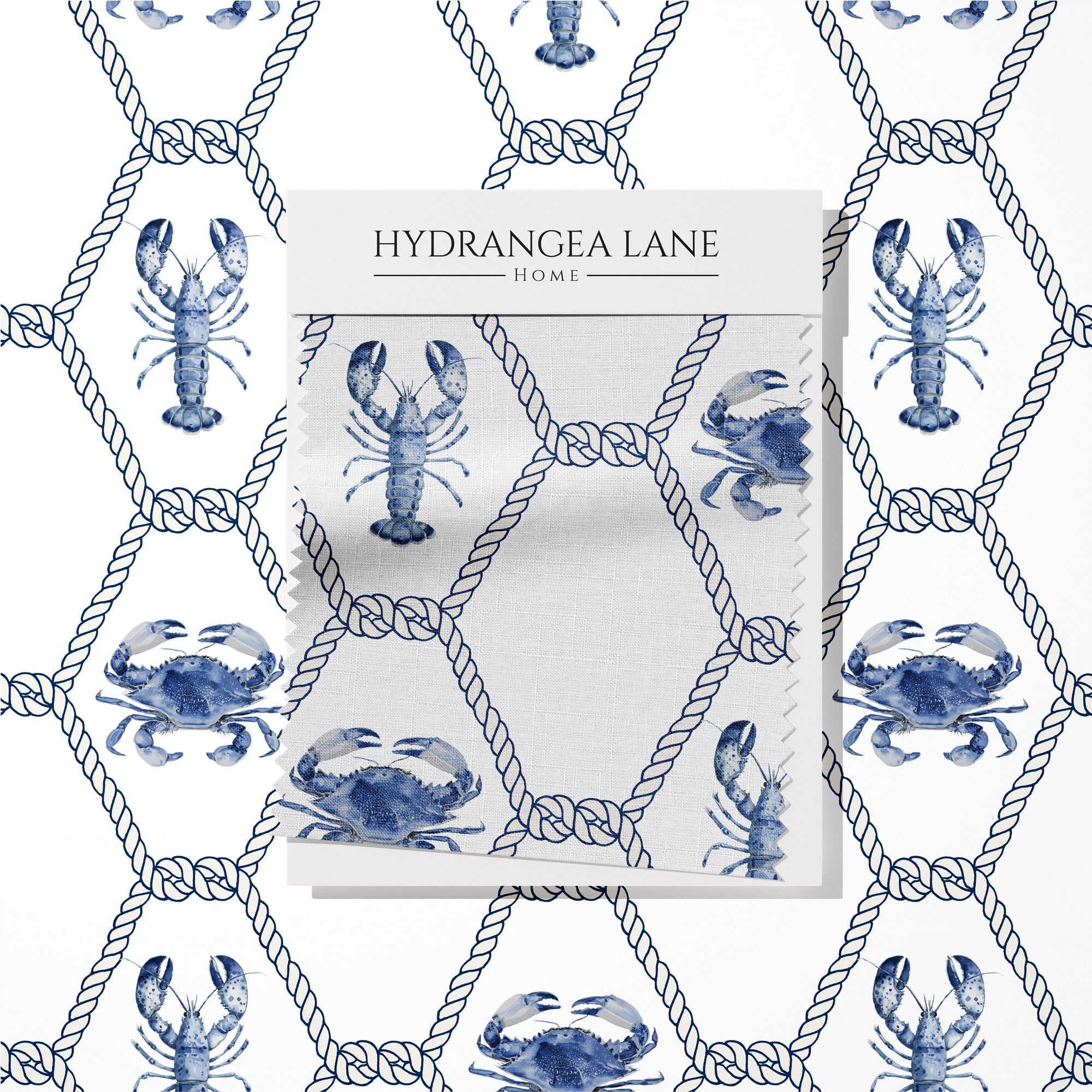 New England Blue Lobster and Crab Trellis Fabric - Hydrangea Lane Home
