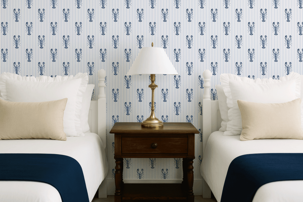 New England Blue Lobster Stripe Wallpaper - Hydrangea Lane Home