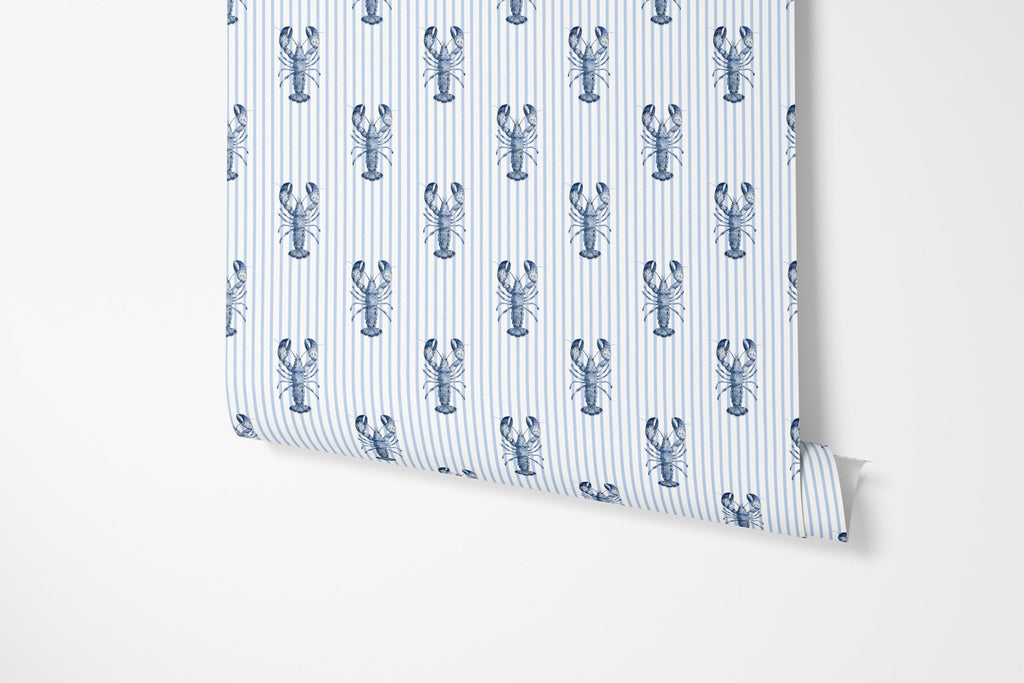 New England Blue Lobster Stripe Wallpaper - Hydrangea Lane Home