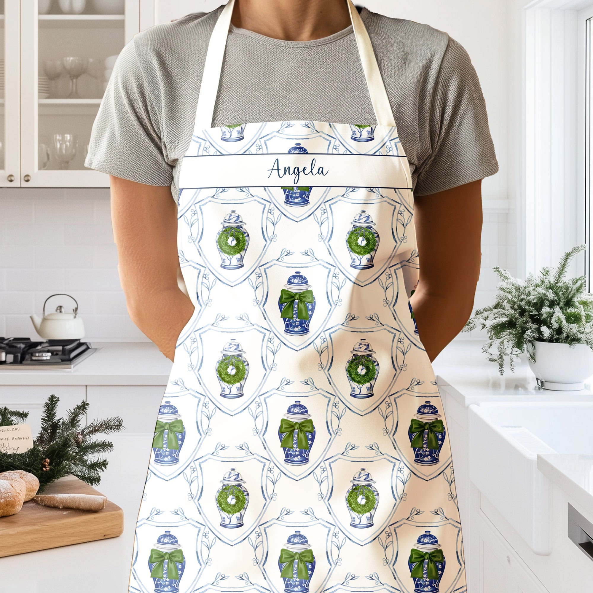 Personalized Chinoiserie Ginger Jar Christmas Apron - Hydrangea Lane Home