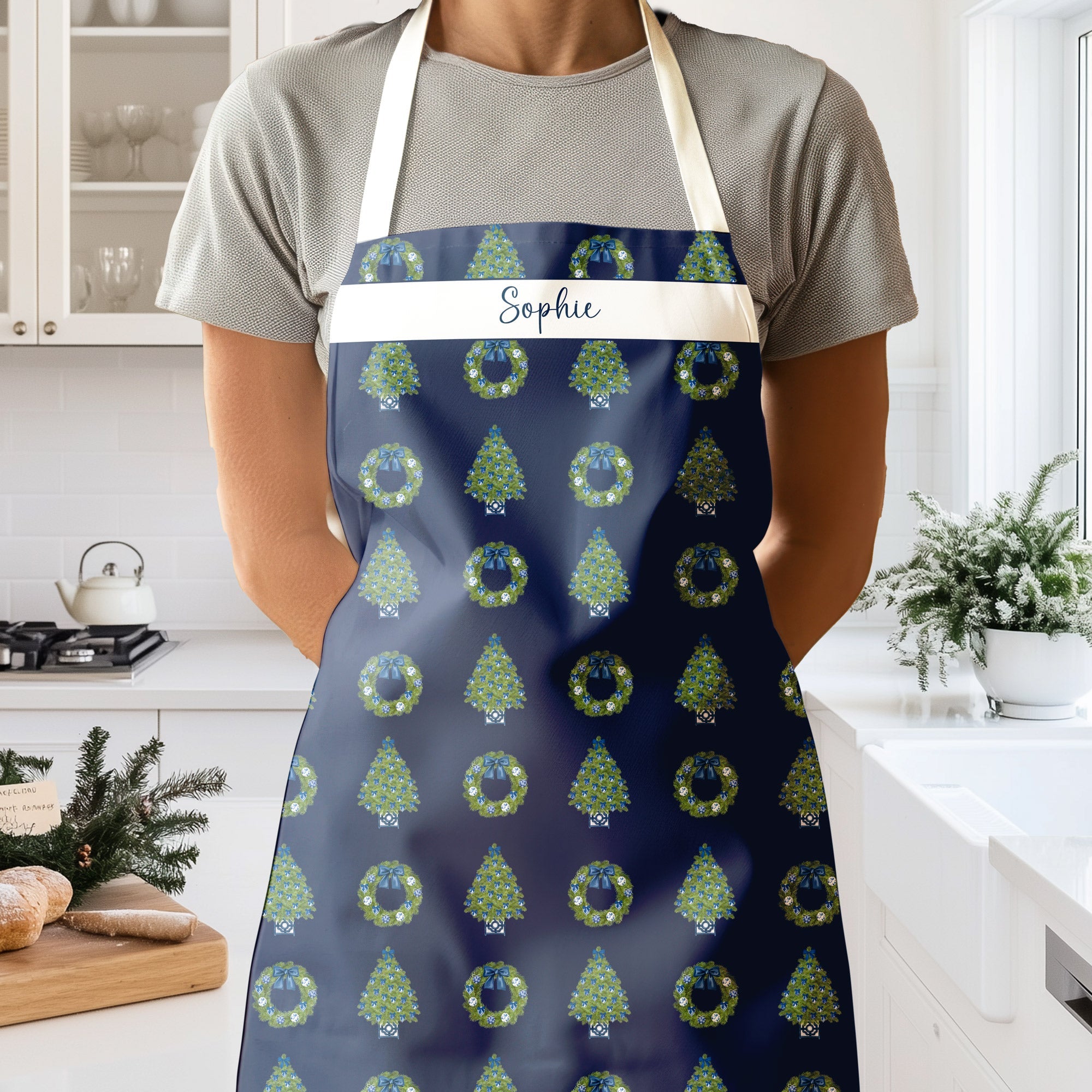 Personalized Chinoiserie NavyChristmas Apron - Hydrangea Lane Home