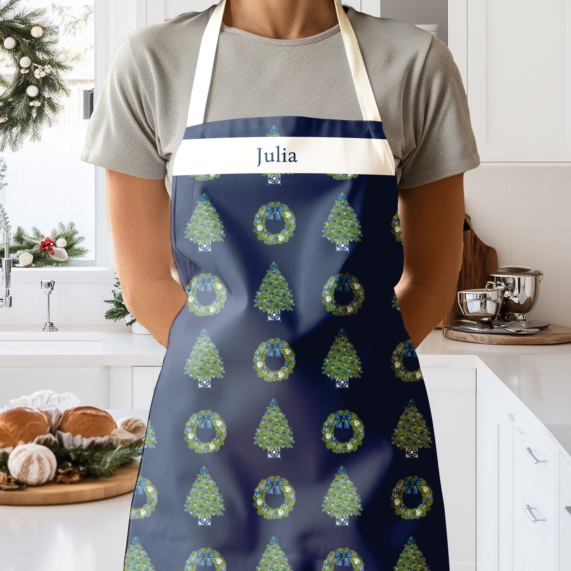 Personalized Chinoiserie NavyChristmas Apron - Hydrangea Lane Home