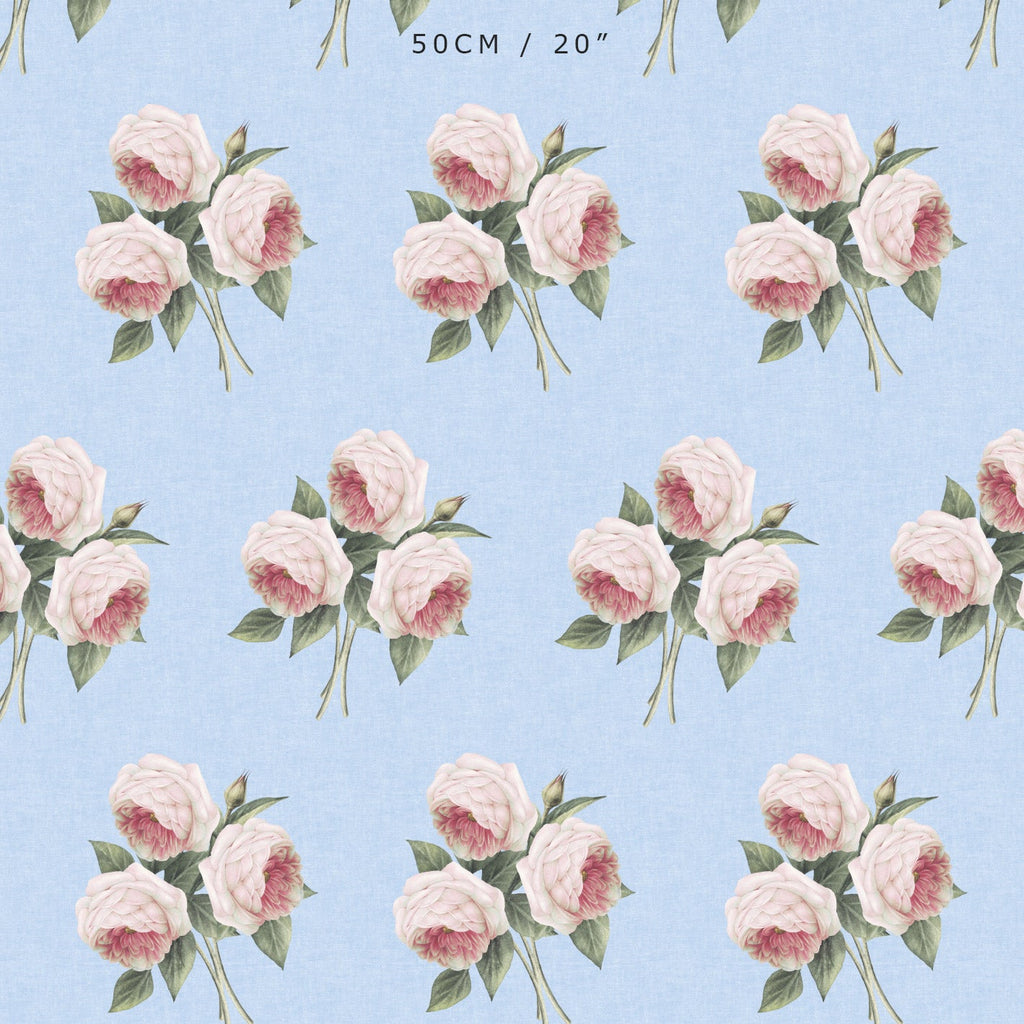 Pierre de Ronsard Country Rose Bouquet - Pink on Blue Chambray - Hydrangea Lane Home