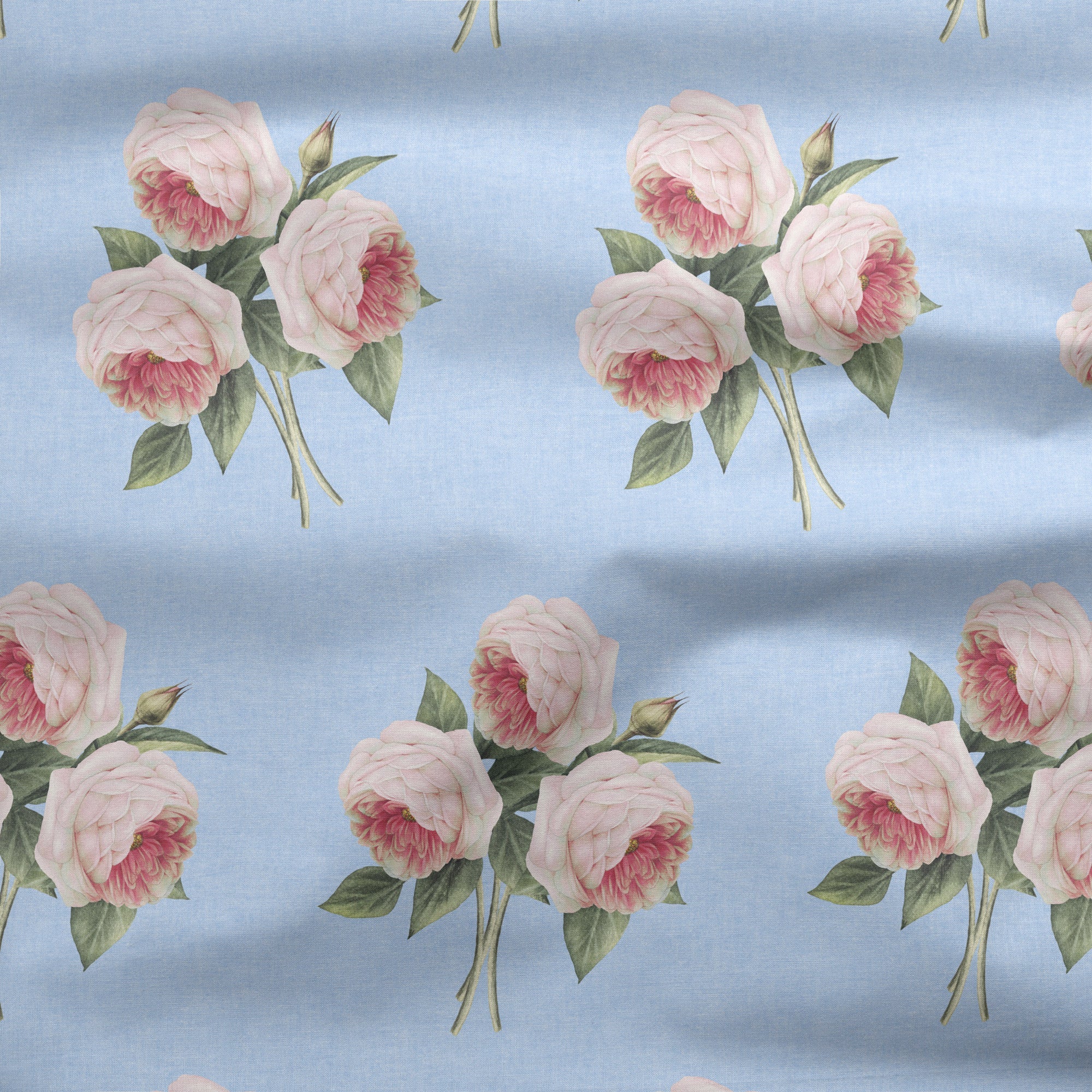 Pierre de Ronsard Country Rose Bouquet - Pink on Blue Chambray - Hydrangea Lane Home