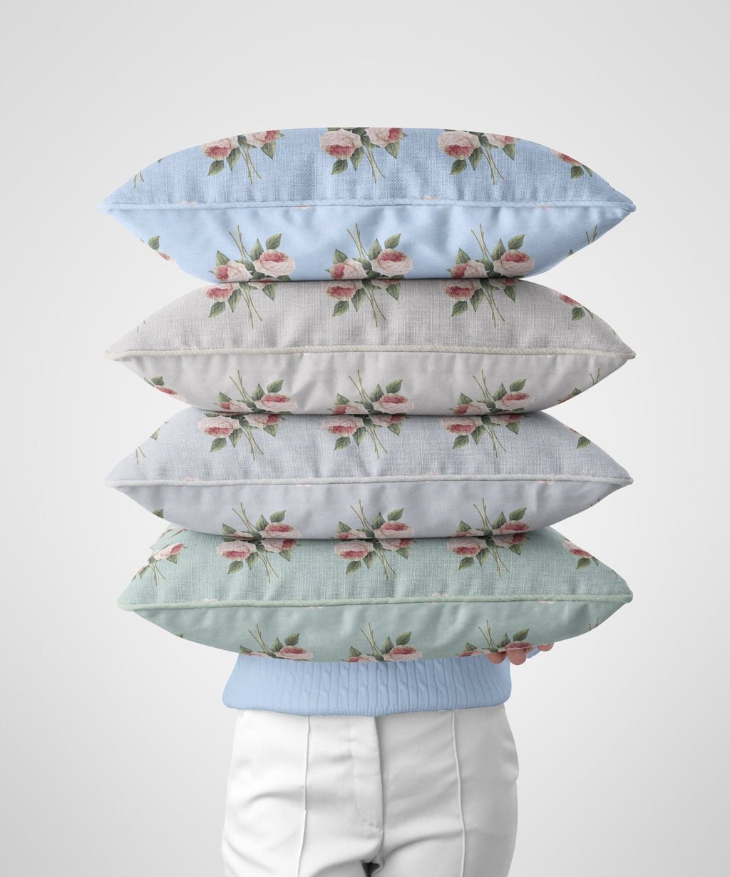 Pierre de Ronsard Country Rose Bouquet - Pink on Blue Chambray - Hydrangea Lane Home