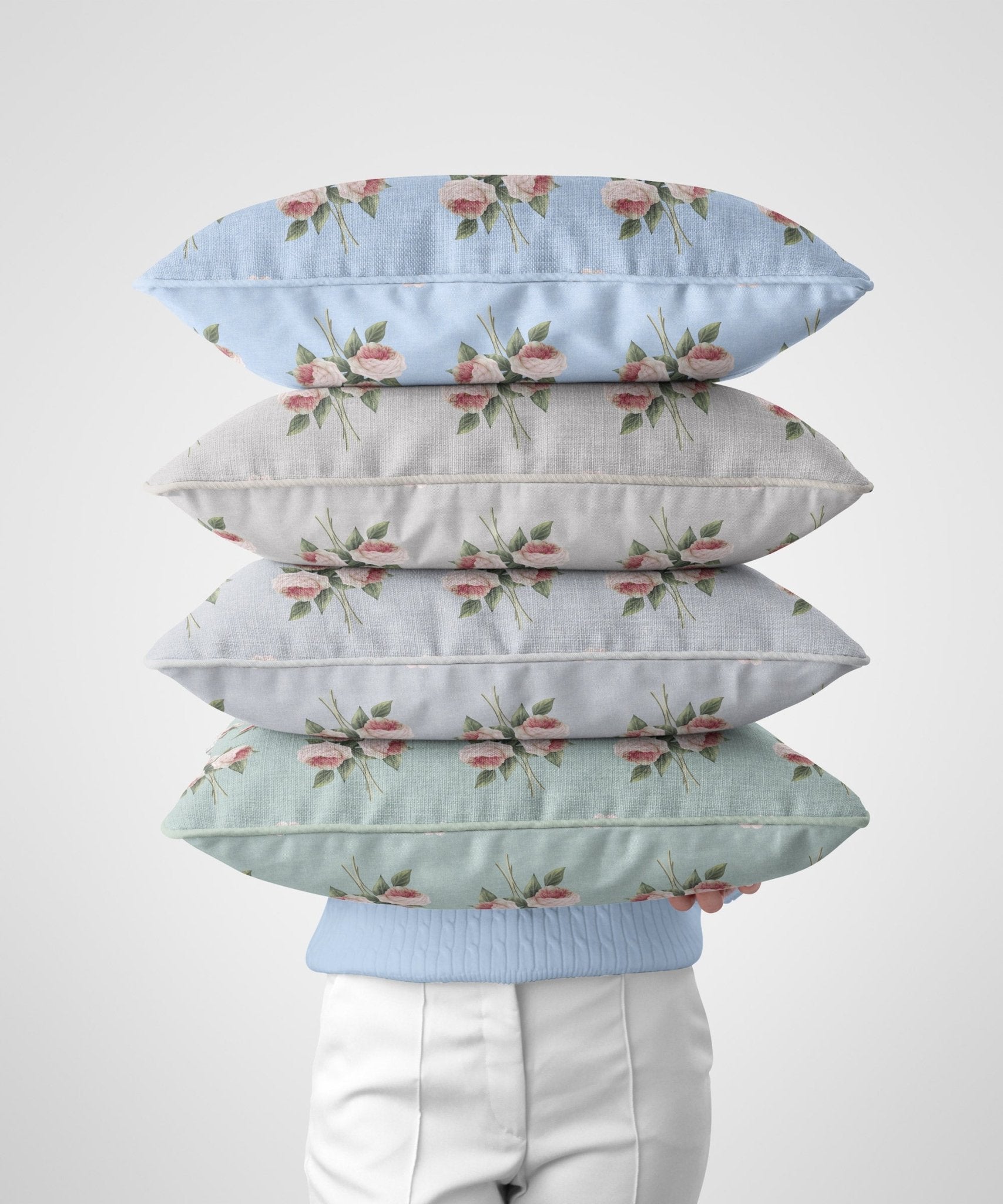 Pierre de Ronsard Country Rose Bouquet - Pink on Blue Chambray - Hydrangea Lane Home