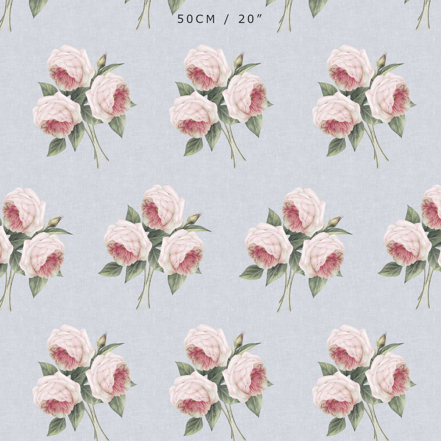 Pierre de Ronsard Country Rose Bouquet - Pink on Dove Grey Chambray - Hydrangea Lane Home