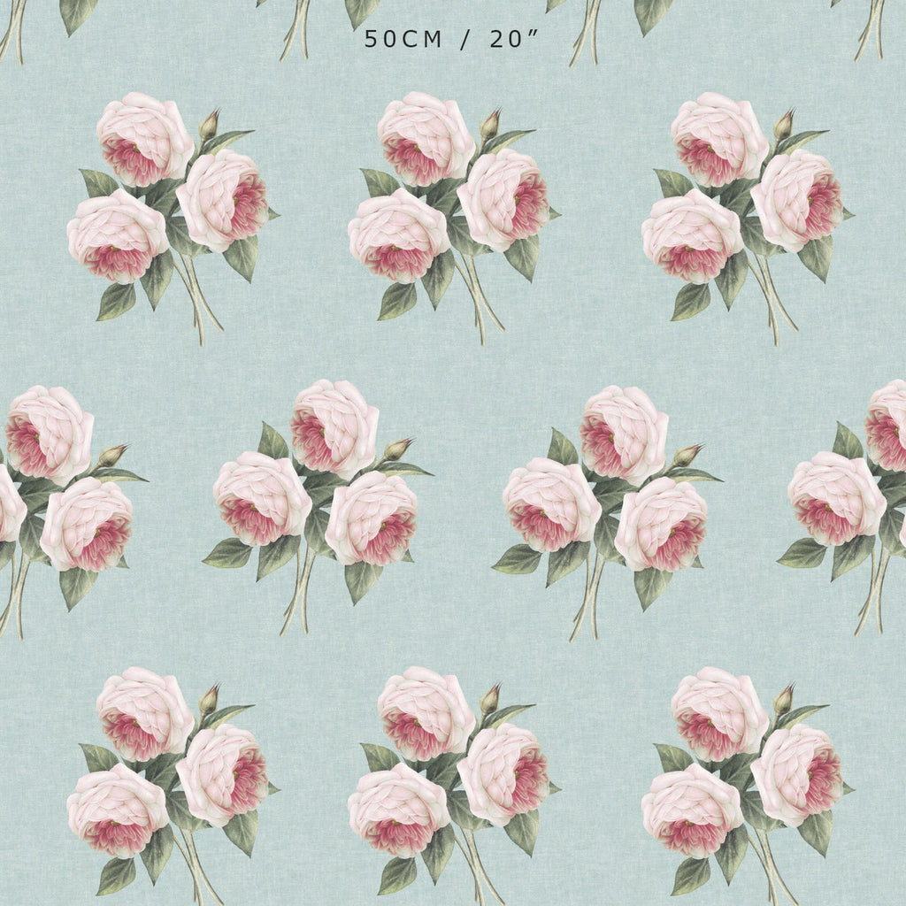 Pierre de Ronsard Country Rose Bouquet - Pink on Green Chambray - Hydrangea Lane Home