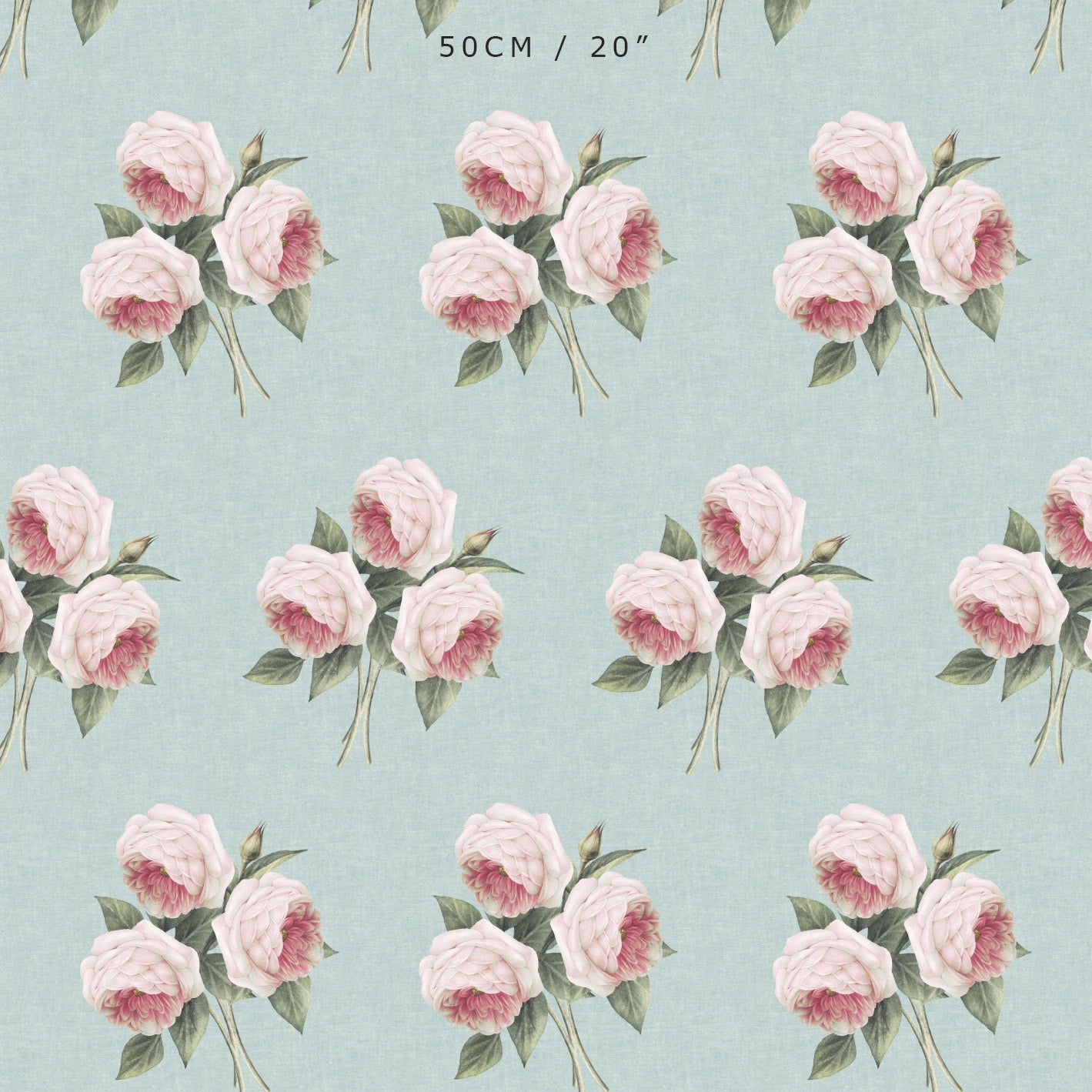 Pierre de Ronsard Country Rose Bouquet - Pink on Green Chambray - Hydrangea Lane Home