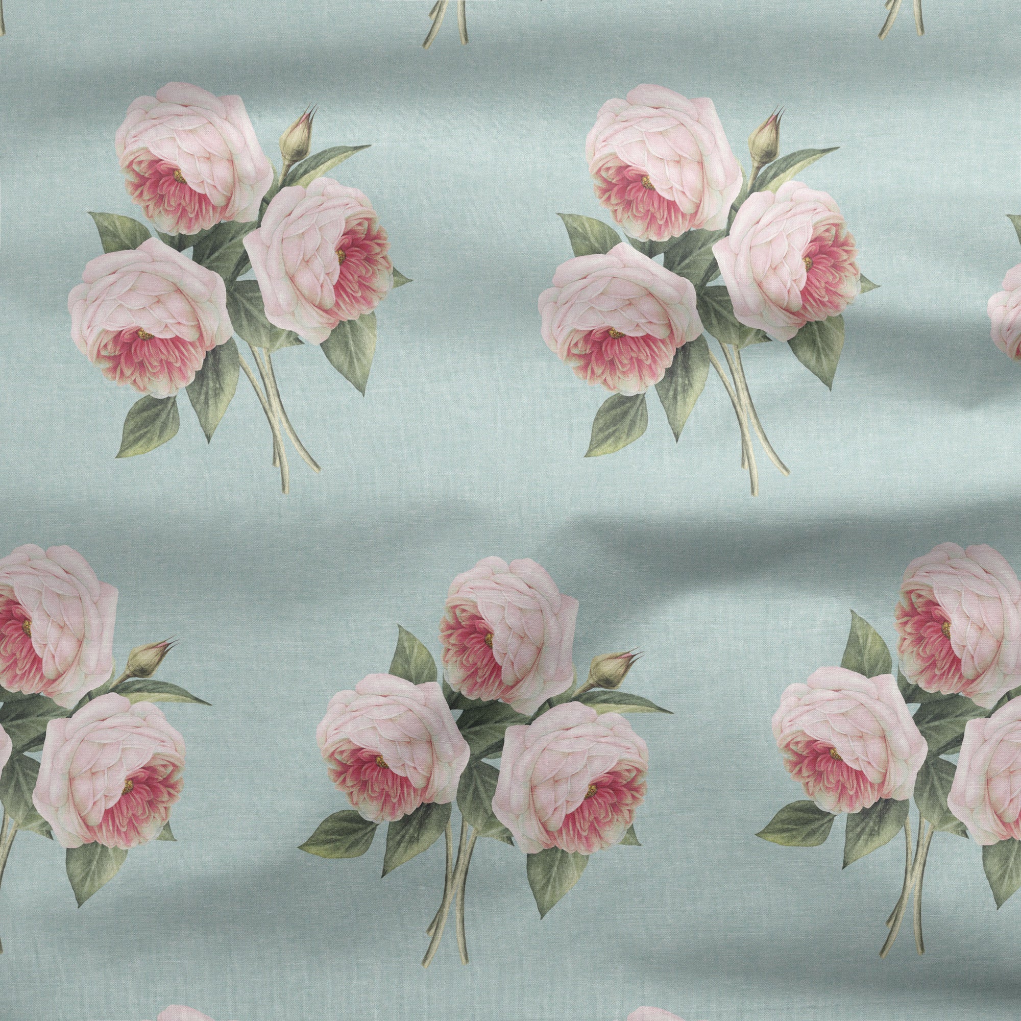 Pierre de Ronsard Country Rose Bouquet - Pink on Green Chambray - Hydrangea Lane Home