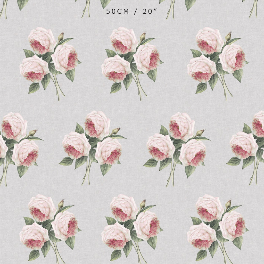 Pierre de Ronsard Country Rose Bouquet - Pink on Linen Beige Chambray - Hydrangea Lane Home