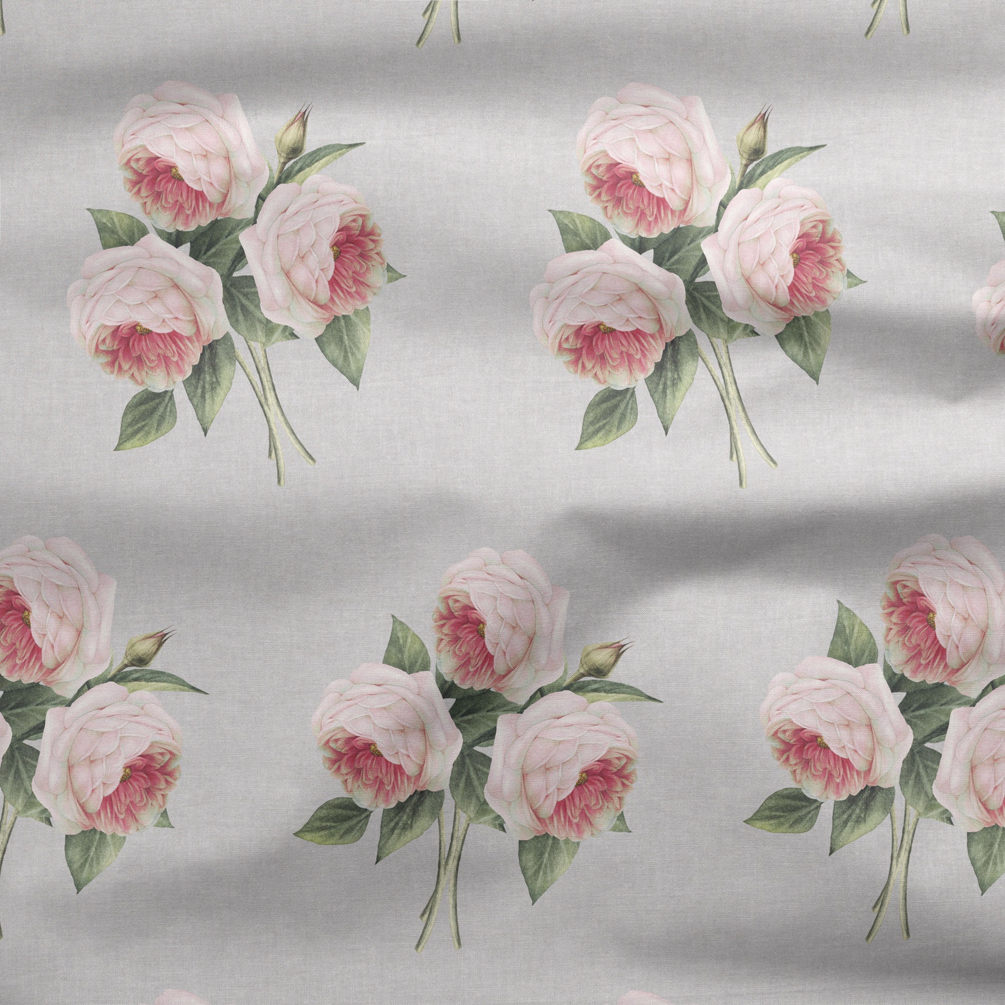 Pierre de Ronsard Country Rose Bouquet - Pink on Linen Beige Chambray - Hydrangea Lane Home