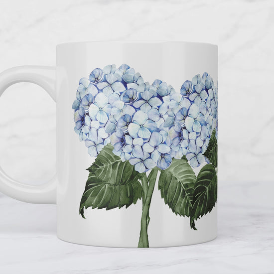 Hydrangea flower blue watercolour printed ceramic mug