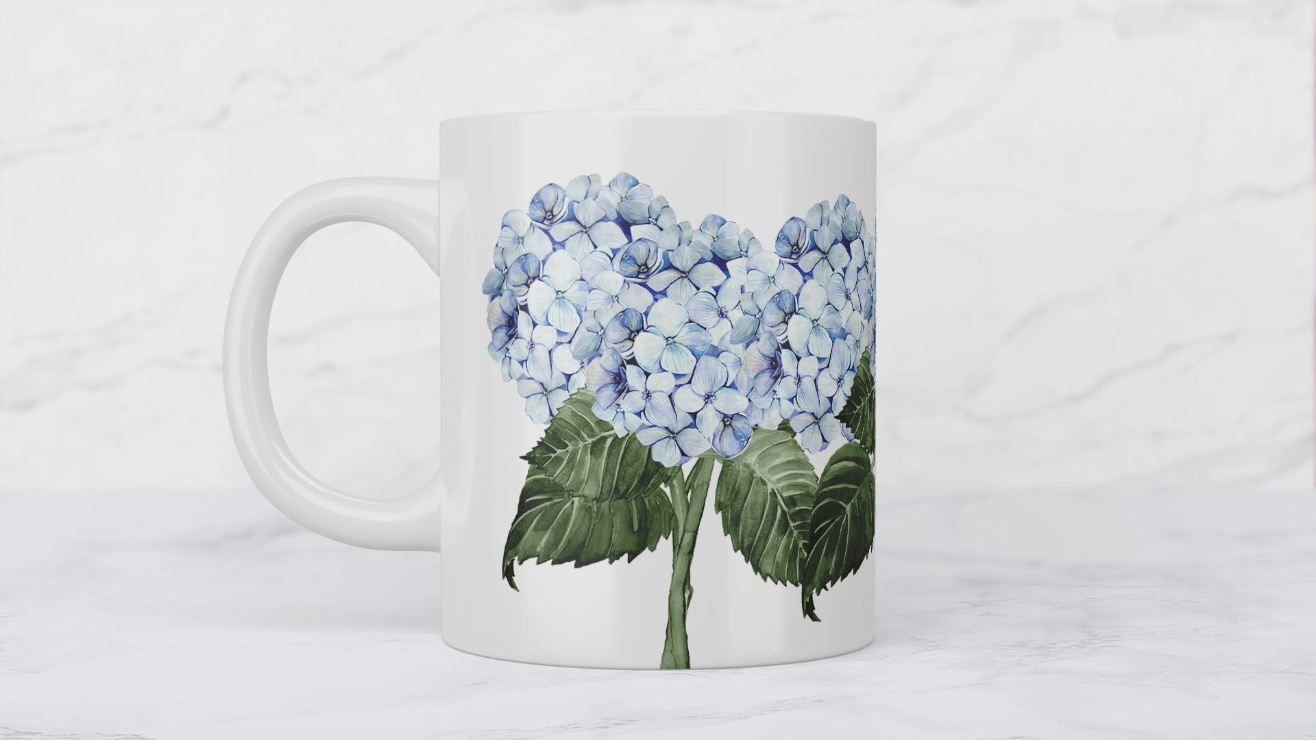 Hydrangea flower blue watercolour printed ceramic mug