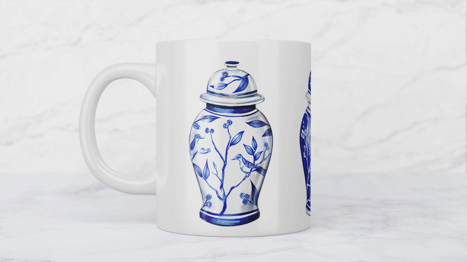 blue and white Chinoiserie ginger jars ceramic mug