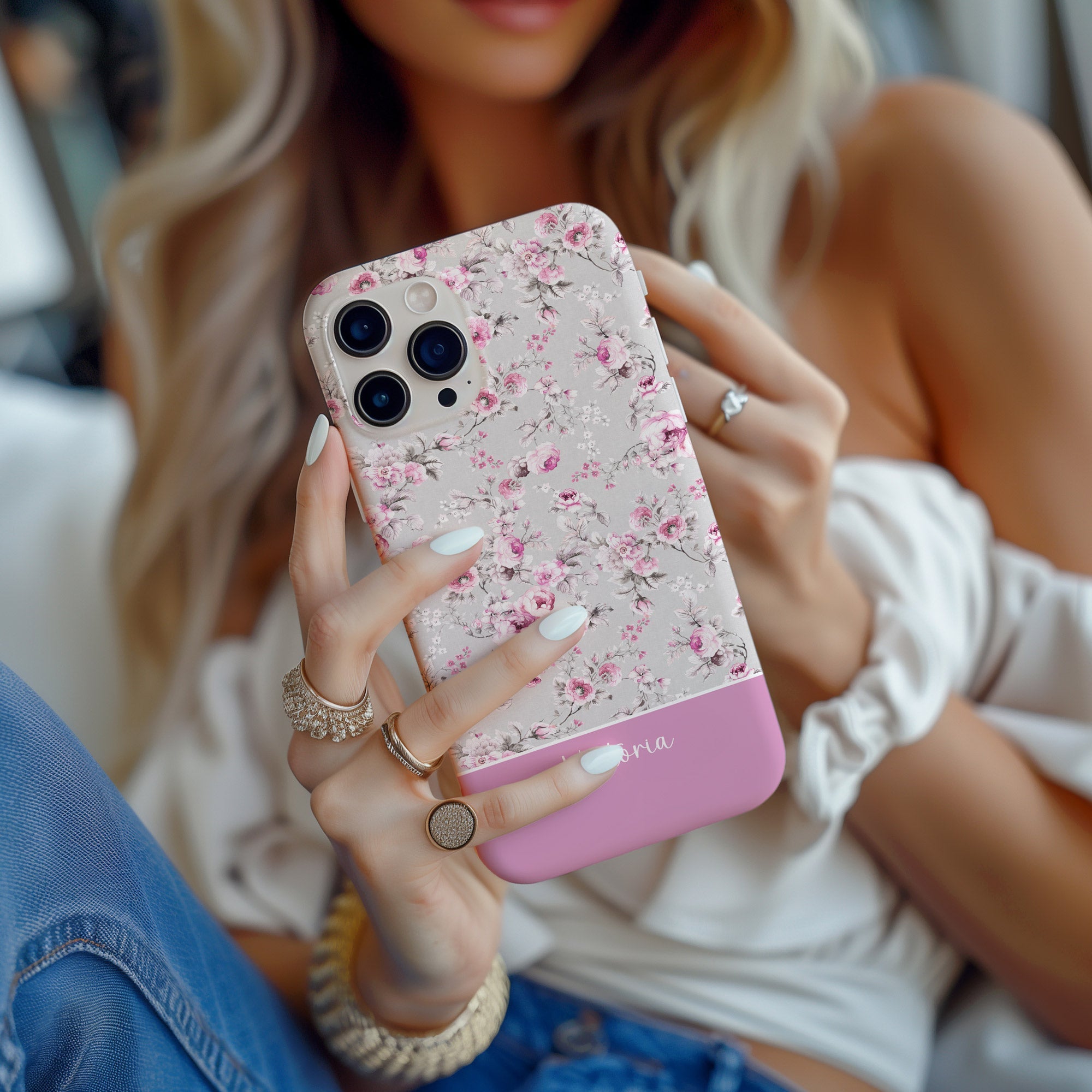 Vintage Rose MagSafe Tough iPhone Case - Pink on Eau de Nil - Hydrangea Lane Home