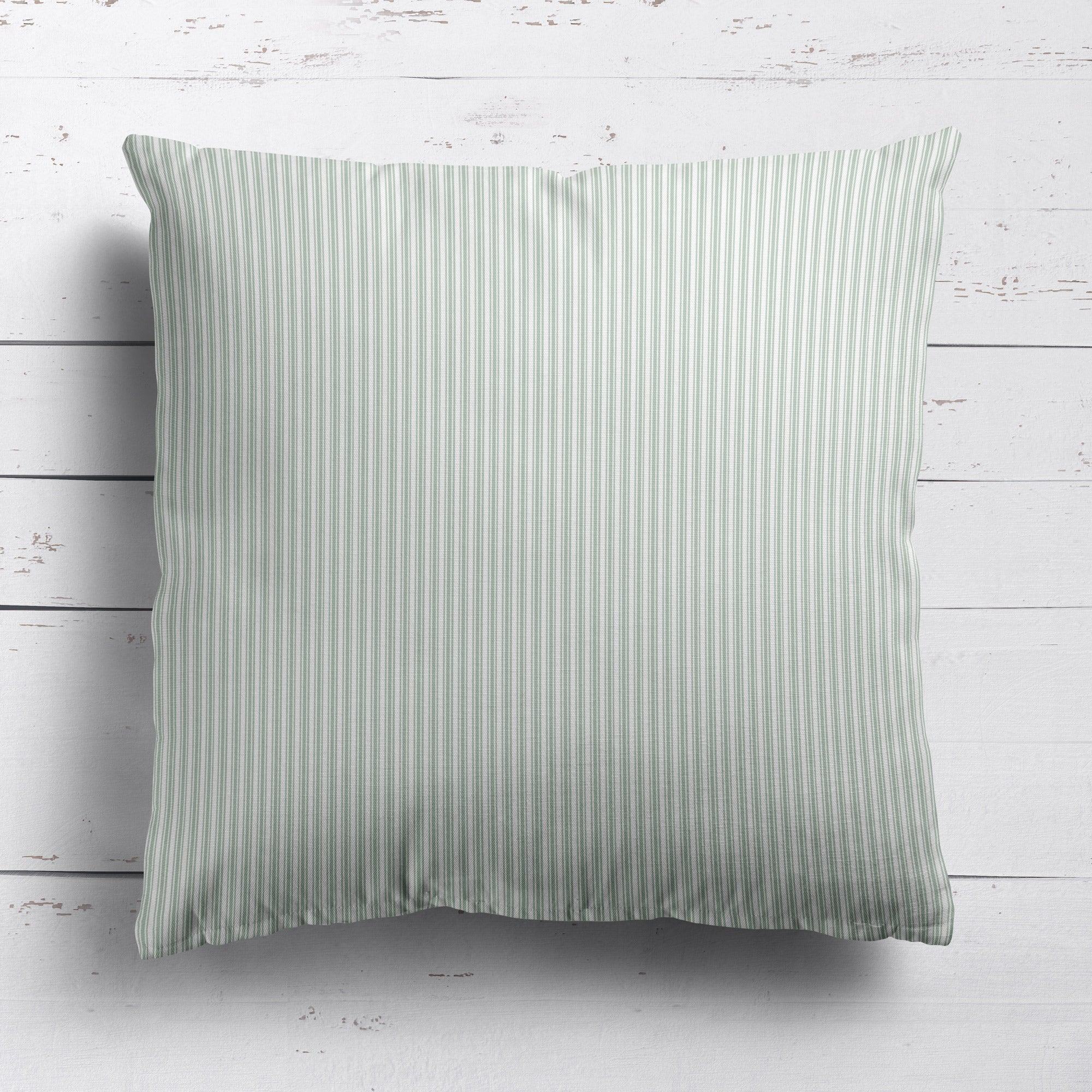 Ticking Stripe cotton linen cushion in Eau de Nil green