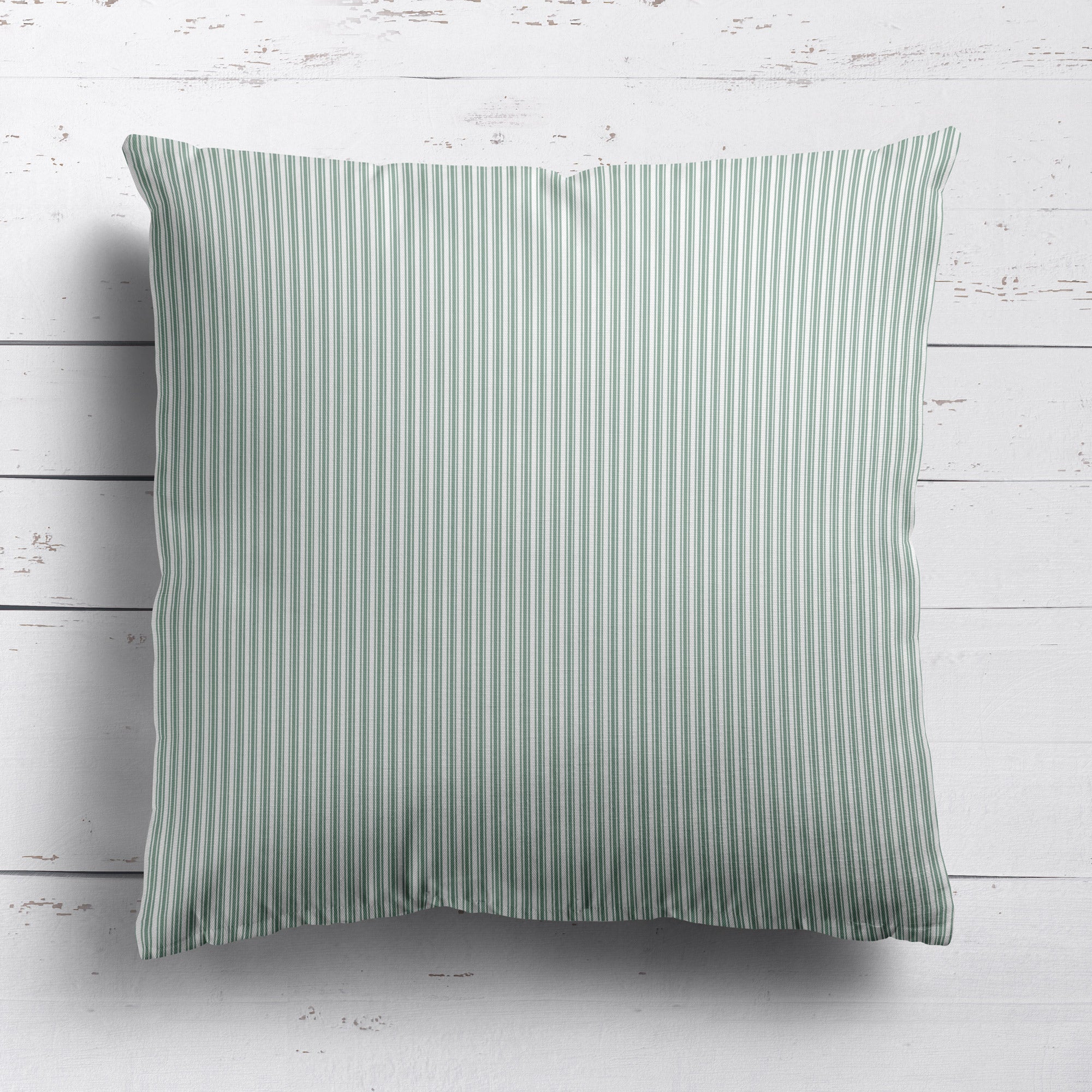 Ticking Stripe cotton linen cushion in Eucalyptus green