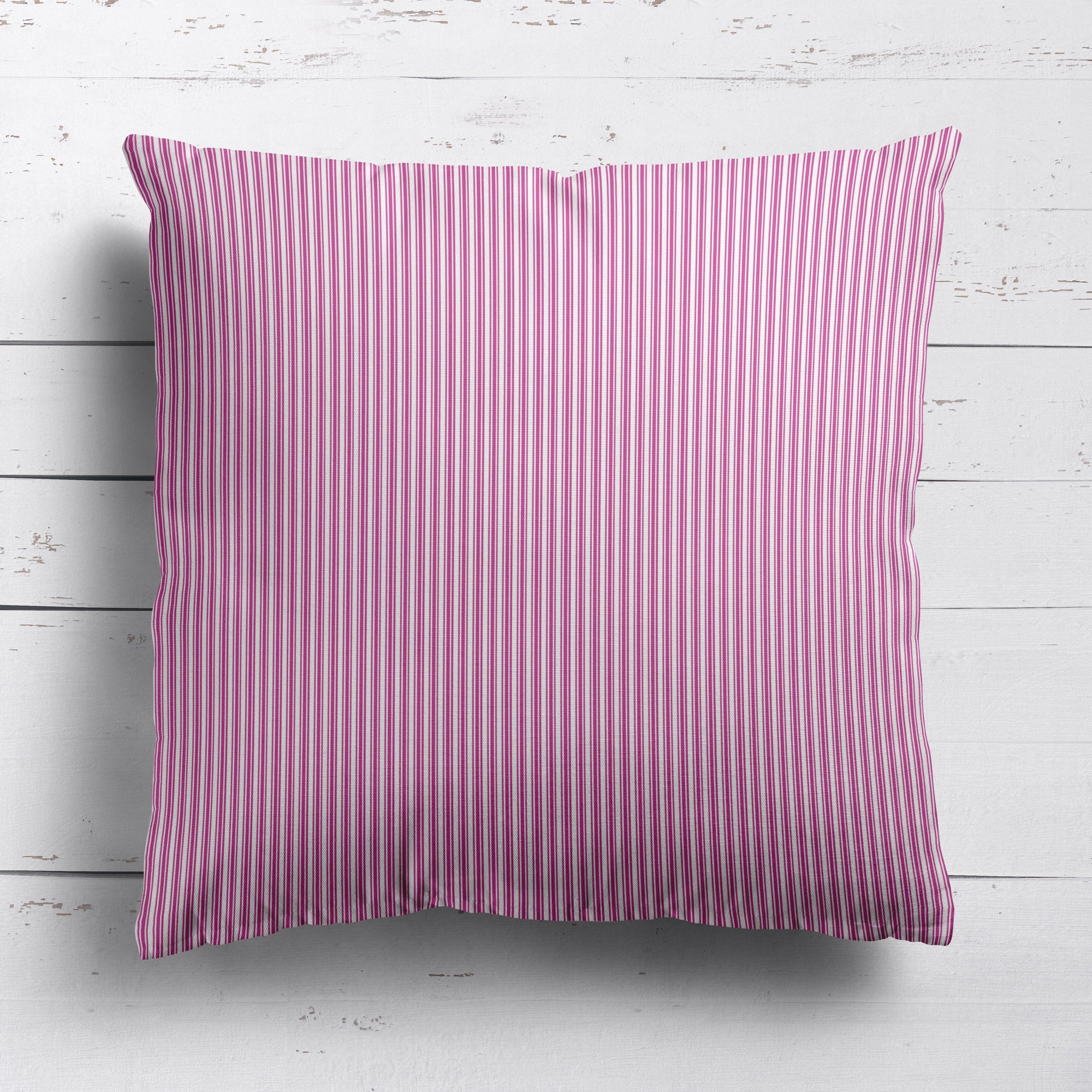 Ticking Stripe cotton linen cushion in Raspberry pink