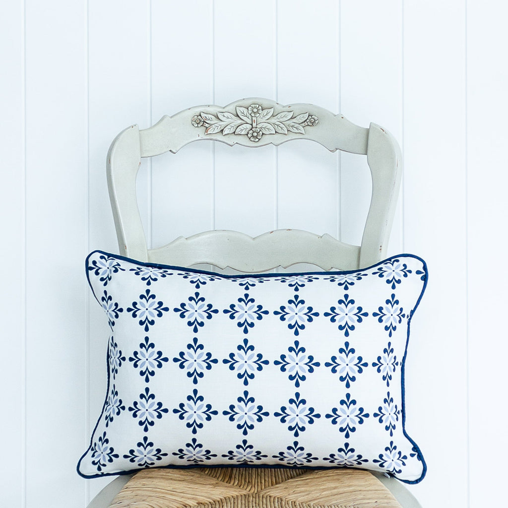 Amalfi Flower Cushion- Blues and Neutrals - Hydrangea Lane Home