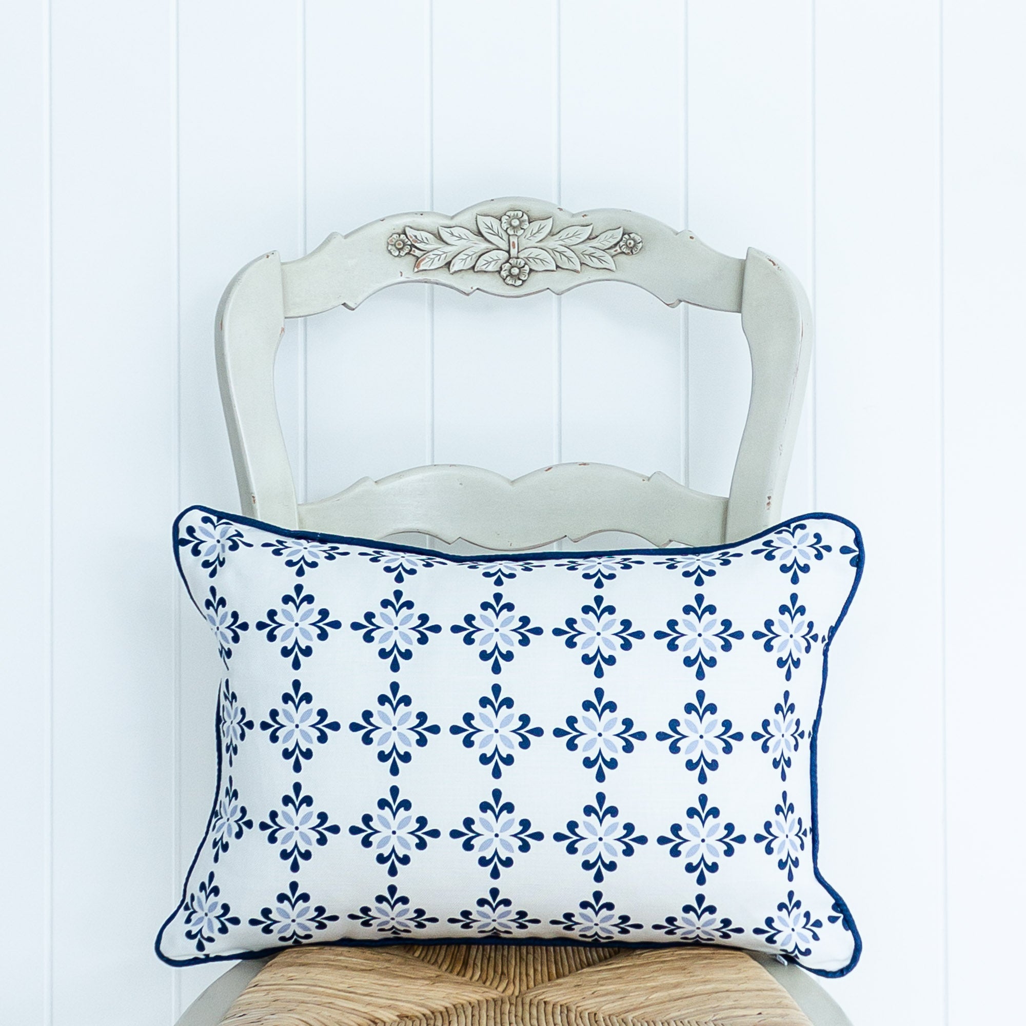 Amalfi Flower Cushion- Blues and Neutrals - Hydrangea Lane Home