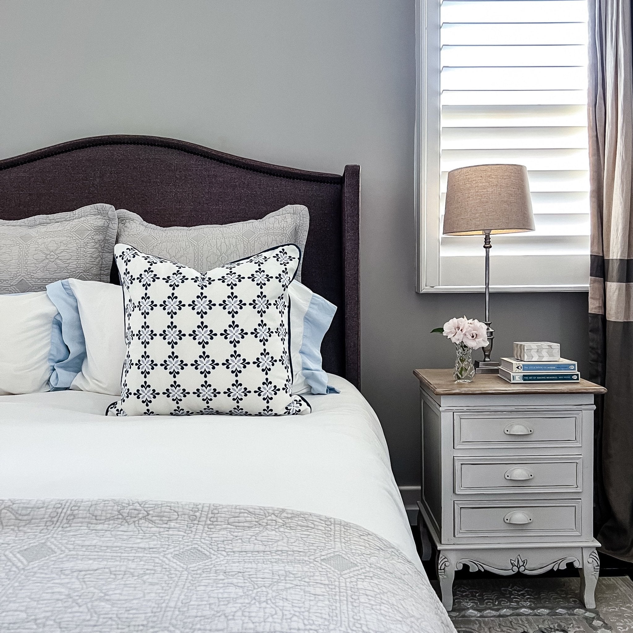 Amalfi Flower Cushion- Blues and Neutrals - Hydrangea Lane Home