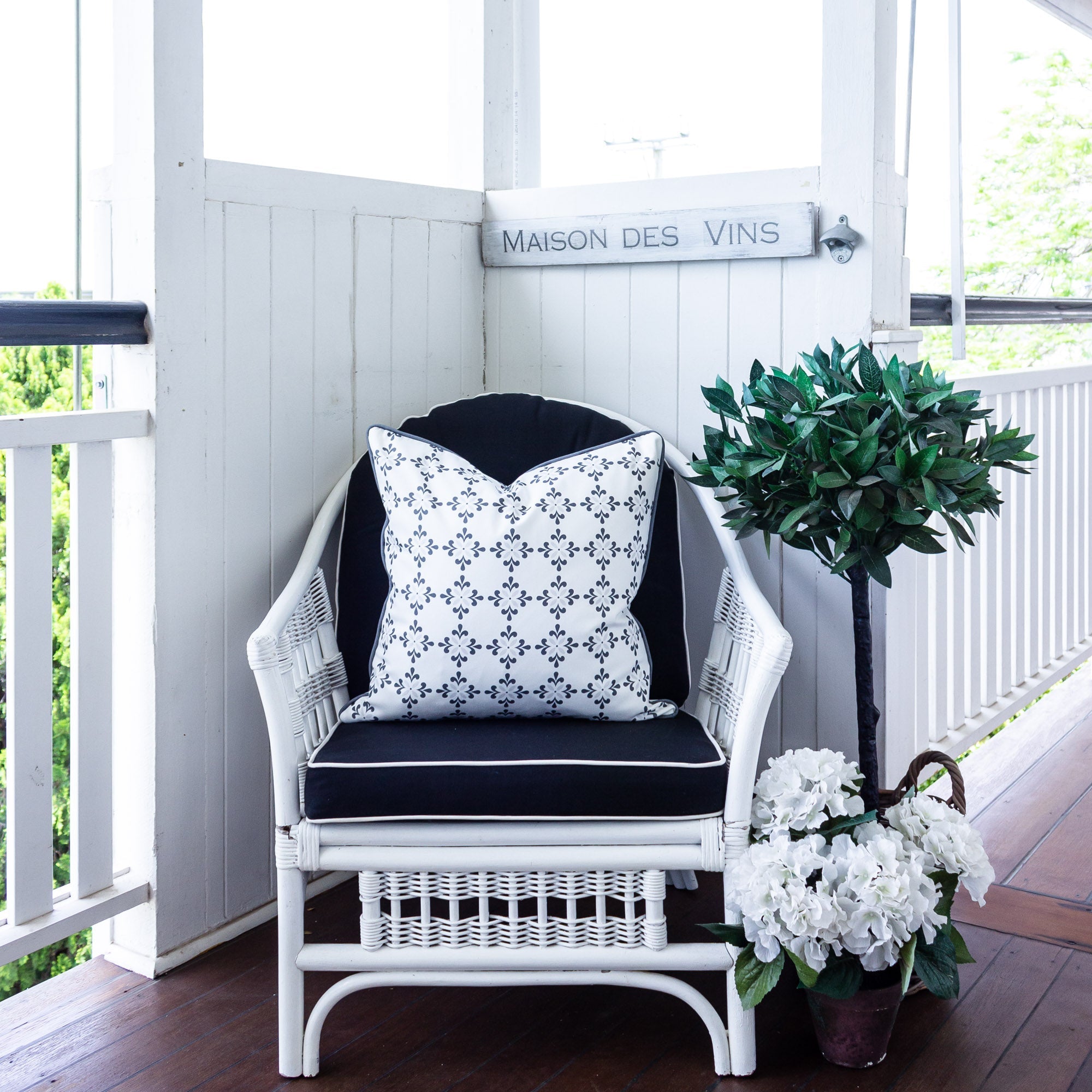 Amalfi Flower Cushion- Blues and Neutrals - Hydrangea Lane Home
