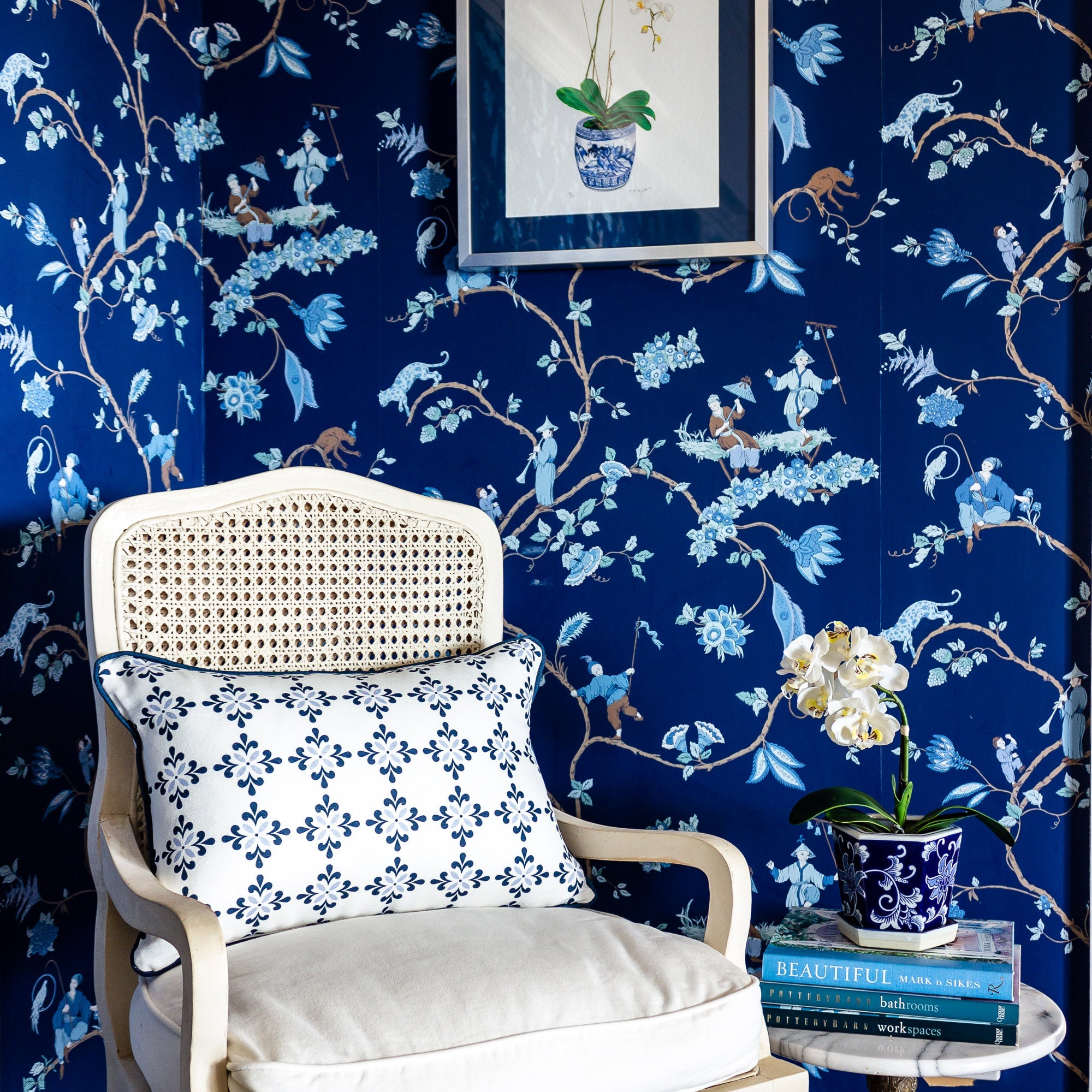 Amalfi Flower Cushion- Blues and Neutrals - Hydrangea Lane Home